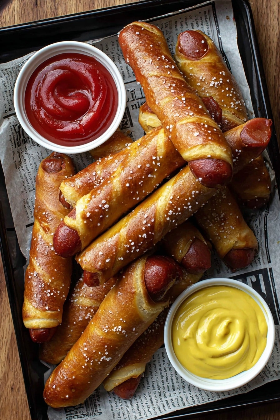 Cheesy Pretzel Dogs Recipe 8 A black tray lined with newspaper holds about ten pretzel-wrapped sausages stacked slightly unevenly, showing golden-brown dough with a smooth, shiny texture sprinkled with coarse salt. Two small white bowls are placed in the tray corners; the top left one has thick red ketchup with a glossy swirl on top, and the bottom right one contains creamy yellow mustard that is smooth with a little peak in the center. The tray sits on a wooden surface. Photo taken with an iphone --ar 2:3 --v 7 - Cheesy Pretzel Dogs, pretzel hot dogs, cheesy snack recipes, game day appetizer, easy pretzel snacks