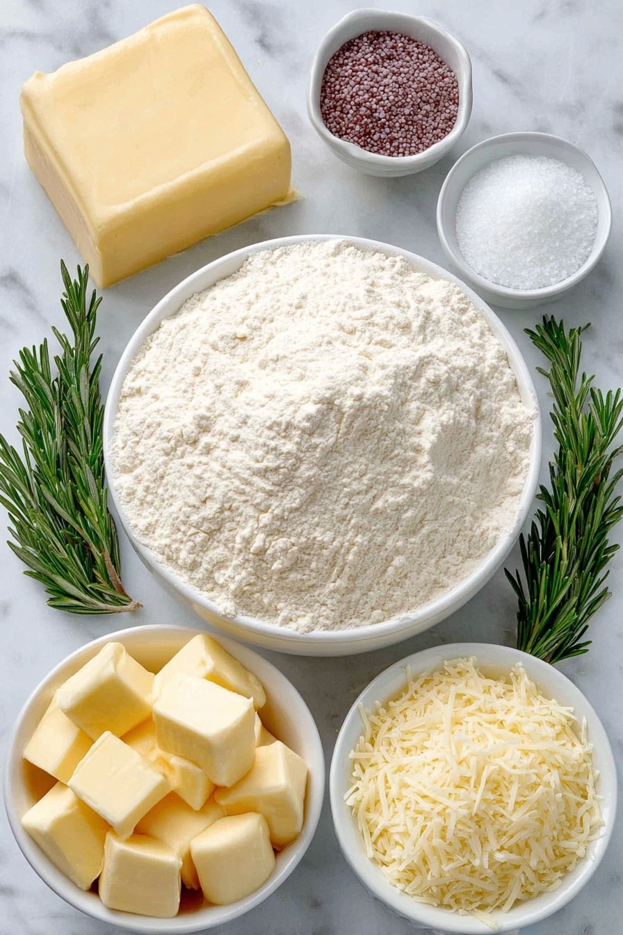 Cheese Stuffed Soft Pretzels Recipe 7 Flat lay of a mound of fluffy all-purpose flour, a small white bowl of active dry yeast granules, a small white bowl of warm water, a small white bowl containing granulated sugar, a small white bowl of fine salt, a small pile of fresh mozzarella cubes, a few sprigs of fresh rosemary with bright green leaves, a small white bowl filled with grated Parmesan cheese, a large white bowl of clear water, a small white bowl of coarse baking soda crystals, and a few loose fresh rosemary leaves for garnish—all arranged in perfect symmetry on a clean white marble surface, soft natural light, photo taken with an iPhone, professional food photography style, fresh ingredients, white ceramic bowls, no bottles, no duplicates, no utensils, no packaging --ar 2:3 --v 7 --p m7354615311229779997 - Cheese Stuffed Soft Pretzels, cheesy pretzel recipe, homemade soft pretzels with cheese, easy cheesy pretzels, soft pretzel snack ideas