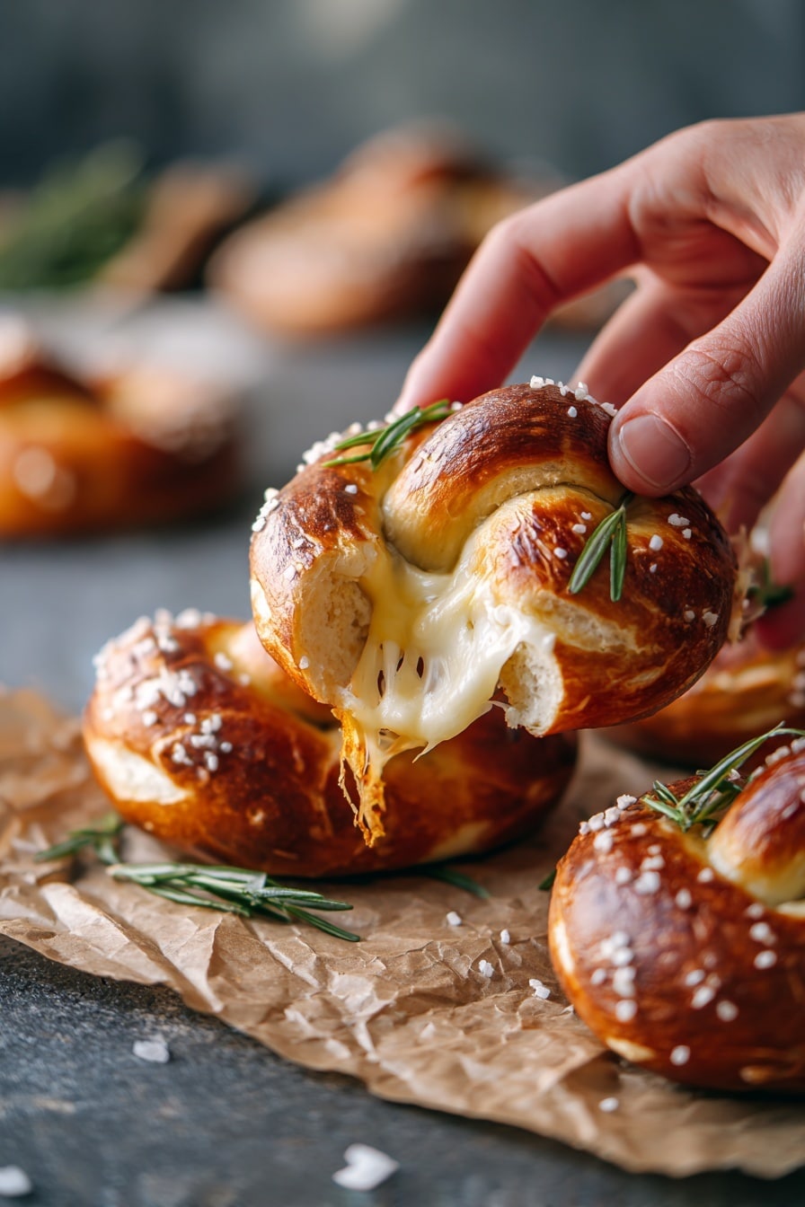 Cheese Stuffed Soft Pretzels Recipe 8 The image shows a close-up of three soft pretzels with a shiny, golden brown crust sprinkled with large grains of coarse salt. Each pretzel is thick and has a twisted, looped shape with a smooth, glossy surface. One pretzel in the front has creamy, melted cheese oozing out from a tear in the dough, with small green rosemary leaves scattered on top and around. The pretzels rest on crumpled parchment paper, which sits on a dark gray surface beneath, and some salt grains and rosemary leaves are scattered around. photo taken with an iphone --ar 2:3 --v 7 - Cheese Stuffed Soft Pretzels, cheesy pretzel recipe, homemade soft pretzels with cheese, easy cheesy pretzels, soft pretzel snack ideas