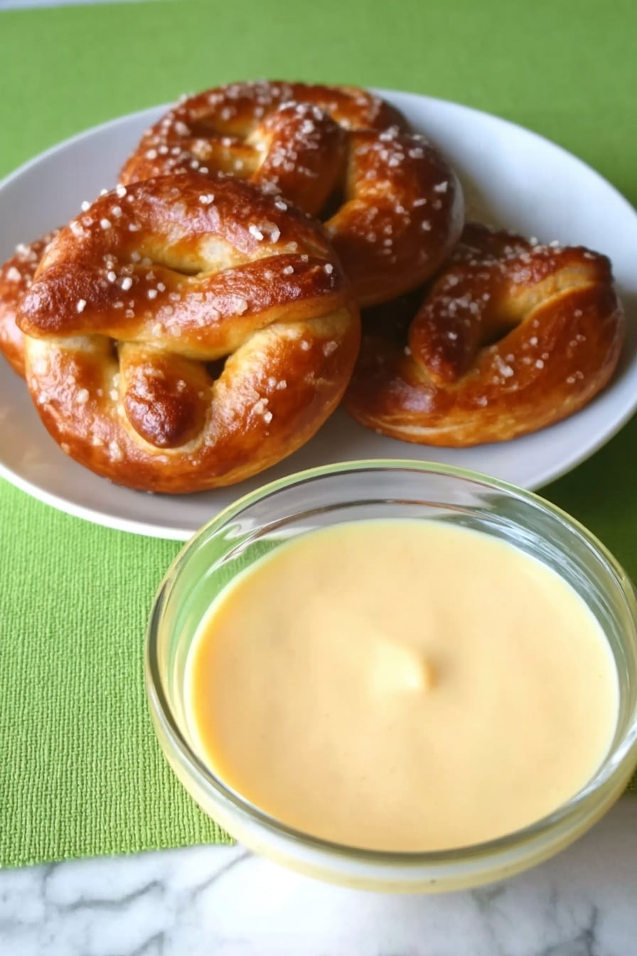 Copycat Auntie Anne's Pretzels with Cheddar Dipping Sauce Recipe 8 The image shows three golden brown pretzels with a shiny, slightly crispy texture and sprinkled with coarse salt, placed together on a plain white plate. In the foreground, there is a clear glass bowl filled with smooth, creamy light yellow cheese sauce. Both the plate and bowl are set on a bright green textured surface, contrasted by a white marbled background. photo taken with an iphone --ar 2:3 --v 7 - Copycat Auntie Anne's Pretzels with Cheddar Dipping Sauce, homemade pretzels with cheddar dip, soft pretzel recipe, easy pretzels at home, authentic pretzel snack