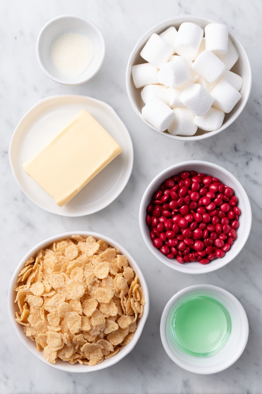 Flat lay of a stick of butter with a smooth pale yellow surface, a small pile of large white marshmallows, a small white bowl filled with vibrant green gel food coloring, a small white bowl containing clear vanilla extract, a simple white ceramic bowl overflowing with golden cornflakes, and a neat small white bowl holding bright red candy-coated chocolates, all arranged symmetrically on a clean white marble surface, soft natural light, photo taken with an iPhone, professional food photography style, fresh ingredients, white ceramic bowls, no bottles, no duplicates, no utensils, no packaging --ar 2:3 --v 7 --p m7354615311229779997 - Festive Green Wreath Cookies, holiday Christmas cookies, wreath-shaped cookies, easy holiday cookie recipe, colorful Christmas treats