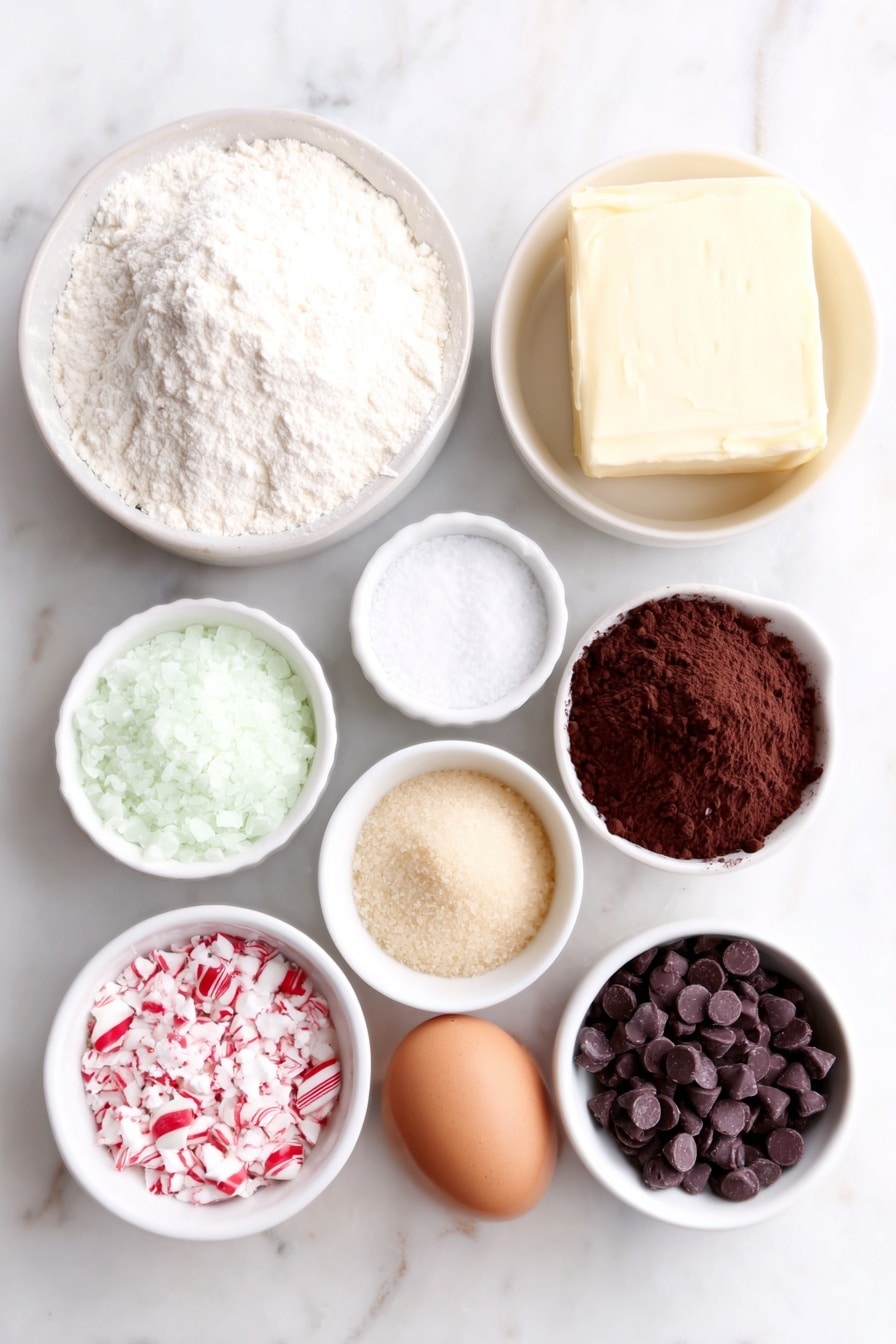 Flat lay of a small mound of all-purpose flour, a small white ceramic bowl filled with Dutch-process cocoa powder, a small white ceramic bowl with baking powder, a small white ceramic bowl with baking soda, a small white ceramic bowl with salt, a chunk of softened unsalted butter, a small white ceramic bowl of packed light brown sugar, a small white ceramic bowl with granulated white sugar, two whole uncracked brown eggs, a small white ceramic bowl of peppermint chips, a small white ceramic bowl of semi-sweet chocolate chips, and a small white ceramic bowl of crushed candy canes, all arranged symmetrically on a clean white marble surface, soft natural light, photo taken with an iPhone, professional food photography style, fresh ingredients, white ceramic bowls, no bottles, no duplicates, no utensils, no packaging --ar 2:3 --v 7 --p m7354615311229779997 - Double Chocolate Peppermint Cookies, festive chocolate cookies with peppermint, chewy chocolate mint cookies, holiday peppermint cookie recipe, easy chocolate peppermint treats