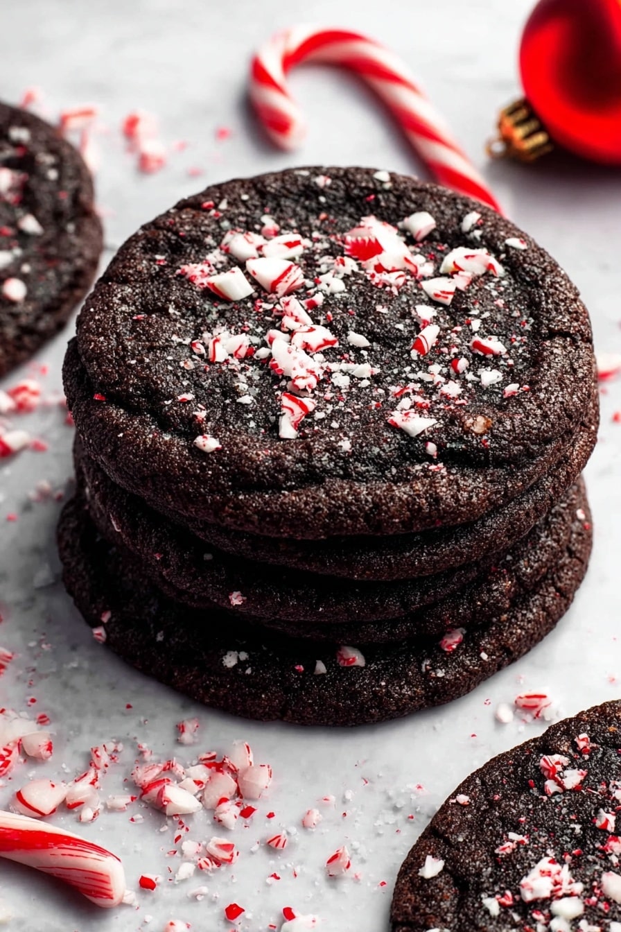 This image shows a stack of five dark chocolate cookies on a white marbled surface. Each cookie is thick and round with a rough texture, and they are layered slightly overlapping. The cookies are sprinkled with small pieces of red and white crushed peppermint candies, adding bright color contrasts. Around the cookies, there are whole candy canes and a red Christmas ornament, enhancing the festive feel. The lighting is bright and clear, focusing on the texture and details of the cookies photo taken with an iphone --ar 2:3 --v 7 - Double Chocolate Peppermint Cookies, festive chocolate cookies with peppermint, chewy chocolate mint cookies, holiday peppermint cookie recipe, easy chocolate peppermint treats