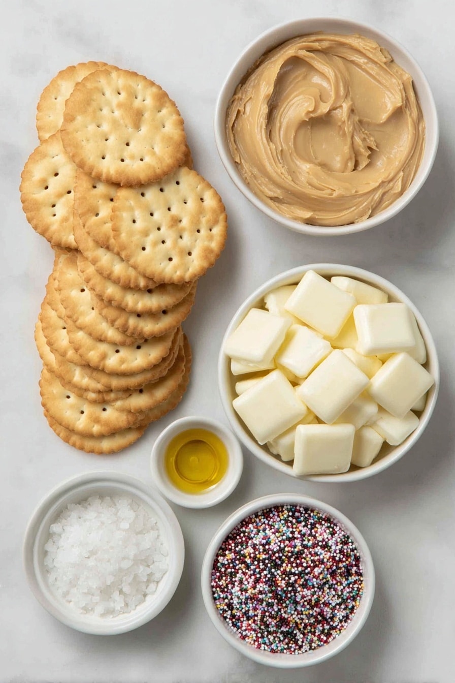 Flat lay of a neat stack of golden Ritz Crackers showing their distinct round shape and perforated pattern, a small white ceramic bowl filled with smooth creamy peanut butter, a simple white ceramic bowl holding glossy white chocolate melting wafers, a tiny white bowl containing a rich golden drizzle of coconut oil, a small white ceramic bowl of vibrant multicolored festive holiday sprinkles, and a delicate white ceramic dish with coarse flaky sea salt crystals scattered inside, all arranged in perfect symmetry on a clean white marble surface, soft natural light, photo taken with an iPhone, professional food photography style, fresh ingredients, white ceramic bowls, no bottles, no duplicates, no utensils, no packaging --ar 2:3 --v 7 --p m7354615311229779997 - Ritz Cracker Peanut Butter Cookies, easy peanut butter cookies, salty sweet cookies, festive cookie recipes, quick dessert ideas