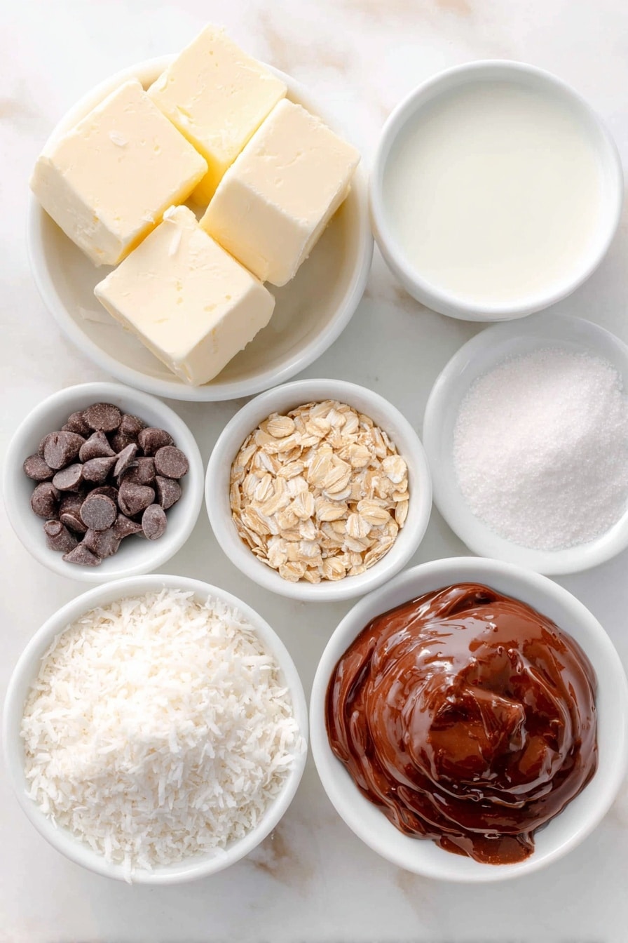 Fudgy Mint Chocolate No-Bake Cookies Recipe 7 Flat lay of a few small cubes of pale creamy butter, a small mound of granulated white sugar, a small heap of rich dark unsweetened cocoa powder, a small white bowl with fresh whole milk, a small white bowl filled with clear vanilla extract, a small pinch of coarse white salt, a neat pile of golden quick oats, a small heap of shredded unsweetened white coconut flakes, a small white bowl with powdered white icing sugar, a small white bowl with bright green liquid mint extract (natural color), a small cluster of glossy semisweet chocolate chips placed beside a small white bowl containing melted shiny dark chocolate ganache with a hint of melted butter mixed in, all ingredients arranged with perfect symmetry on a clean white ceramic surface, placed on a clean white marble surface, soft natural light, photo taken with an iPhone, professional food photography style, fresh ingredients, white ceramic bowls, no bottles, no duplicates, no utensils, no packaging --ar 2:3 --v 7 --p m7354615311229779997 - Fudgy Mint Chocolate No-Bake Cookies, mint chocolate cookies, no-bake chocolate mint treats, quick mint chocolate desserts, fudgy cookie recipes