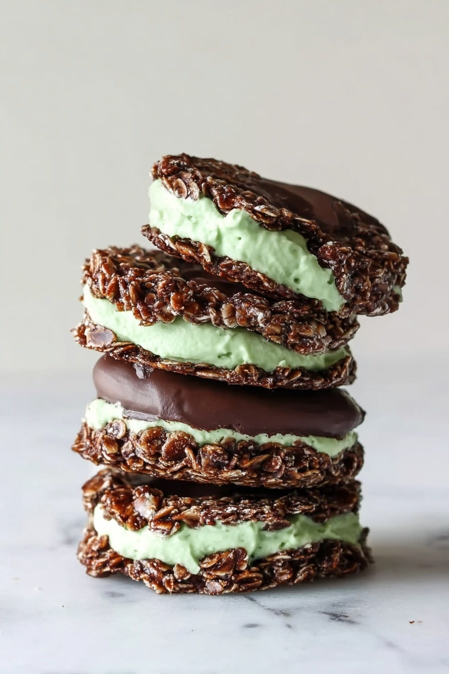 Fudgy Mint Chocolate No-Bake Cookies Recipe 6 The image shows a stack of four round treats on a white marbled surface. Each treat has three visible layers: the bottom and top layers are dark brown, chunky, and look like a mix of oats and chocolate, giving a rough texture. Between these two rough layers is a smooth, thick layer of light green cream. The green cream layer looks soft and slightly uneven, adding a fresh contrast between the dark, crispy outer parts. The stack leans slightly to one side, showing the textures and layers clearly. Photo taken with an iphone --ar 2:3 --v 7 - Fudgy Mint Chocolate No-Bake Cookies, mint chocolate cookies, no-bake chocolate mint treats, quick mint chocolate desserts, fudgy cookie recipes