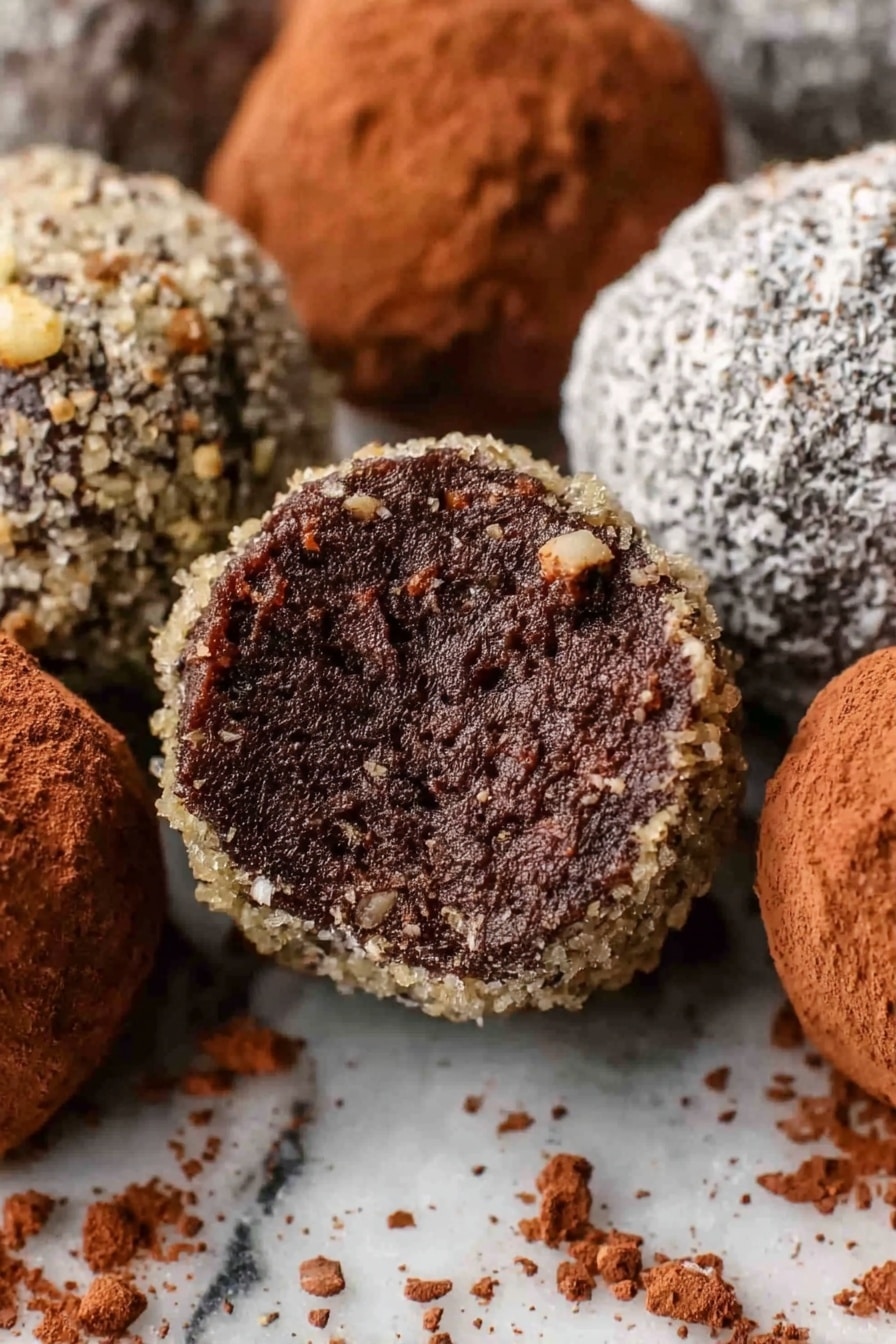 The image shows a close-up of several round chocolate truffles arranged on a white marbled surface. One truffle is cut in half and placed at the center, showing a dense and textured dark brown interior. Surrounding this, there are whole truffles covered in different coatings: one with a nut crumb layer that is light beige and crunchy in appearance, one dusted with white powdered sugar, and another with a reddish-brown cocoa powder coating. The truffles have an uneven, homemade look with rough textures and some crumbs scattered around them. Photo taken with an iphone --ar 2:3 --v 7 - Rum Balls, Rum Balls recipe, Easy Rum Balls, Chocolate Rum Balls, No-Bake Rum Balls
