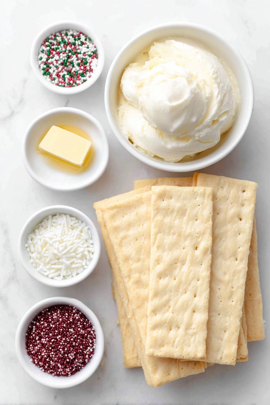 Flat lay of fresh rectangular sugar wafer cookies stacked neatly, a small white ceramic bowl filled with smooth white candy melts, a tiny white bowl with a dollop of golden shortening, and three small white bowls containing vibrant red confetti sprinkles, green confetti sprinkles, and delicate white non-pareils, all arranged in perfect symmetry on a clean white marble surface, soft natural light, photo taken with an iPhone, professional food photography style, fresh ingredients, white ceramic bowls, no bottles, no duplicates, no utensils, no packaging --ar 2:3 --v 7 --p m7354615311229779997 - Christmas White Chocolate Dipped Sugar Wafers, festive holiday treats, easy holiday dessert recipes, white chocolate candy ideas, holiday gift sweets