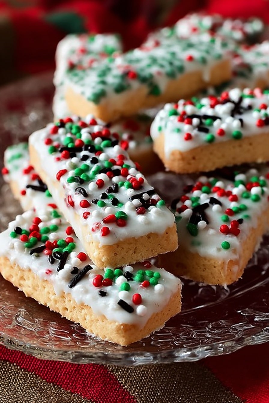 The image shows several rectangular wafer cookies with a light beige color at one end, dipped in thick white icing covering most of the biscuit. Each cookie is decorated with small round sprinkles in red, green, and white, along with longer black sprinkles scattered on top, creating a festive look. The cookies are arranged in a clear glass plate sitting on a textured surface with a red cloth and brown fabric underneath. The background has a soft focus, keeping the attention on the colorful cookies. photo taken with an iphone --ar 2:3 --v 7 - Christmas White Chocolate Dipped Sugar Wafers, festive holiday treats, easy holiday dessert recipes, white chocolate candy ideas, holiday gift sweets