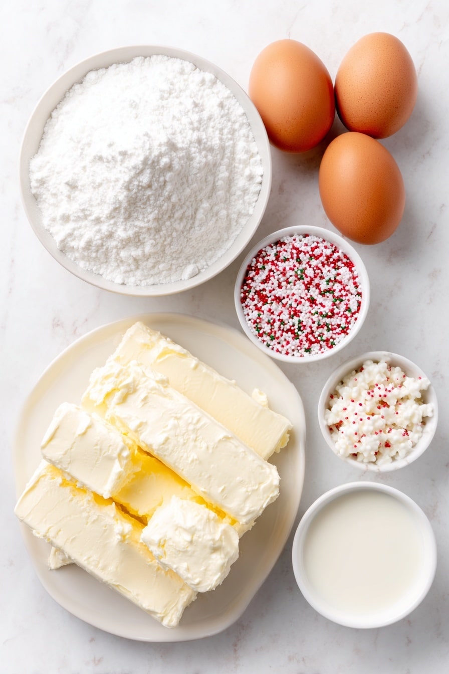 Flat lay of a small block of fresh cream cheese on a simple white ceramic plate, a mound of fine powdered sugar beside it in a white ceramic bowl, a few delicate white and red holiday sprinkles scattered next to a separate small white bowl holding more mixed holiday sprinkles, a tiny white ceramic bowl filled with smooth milk, and a small white ceramic bowl with fine granulated sugar, alongside a few whole clean brown eggs all arranged symmetrically on a clean white marble surface, soft natural light, photo taken with an iPhone, professional food photography style, fresh ingredients, white ceramic bowls, no bottles, no duplicates, no utensils, no packaging --ar 2:3 --v 7 --p m7354615311229779997 - Christmas Mint Cookies, Mint Cookies Recipe, Holiday Cookies, No-Bake Mint Cookies, Festive Cookie Recipes