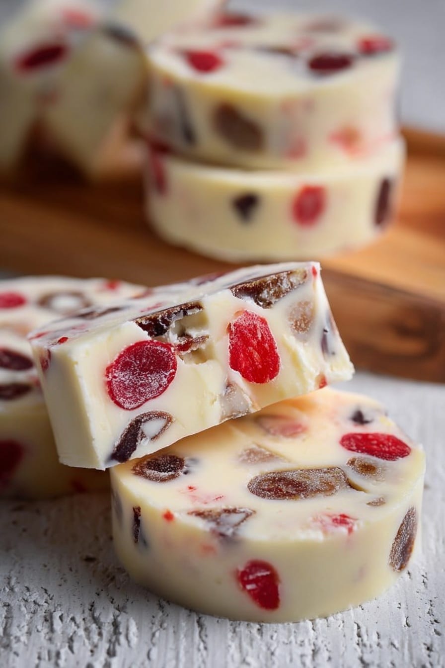 The image shows several round slices of a white creamy dessert with embedded chunks of dark brown and bright red pieces, scattered irregularly inside each slice. The slices have a smooth texture and are thick, stacked slightly on each other on a white textured surface. The background is blurred but suggests more slices stacked on a wooden board. The overall look is soft with contrasting dark and bright bits inside the pale main body. photo taken with an iphone --ar 2:3 --v 7 - Maraschino Cherry Shortbread Cookies, holiday shortbread cookies, cherry buttery cookies, easy festive cookies, cherry shortbread recipe