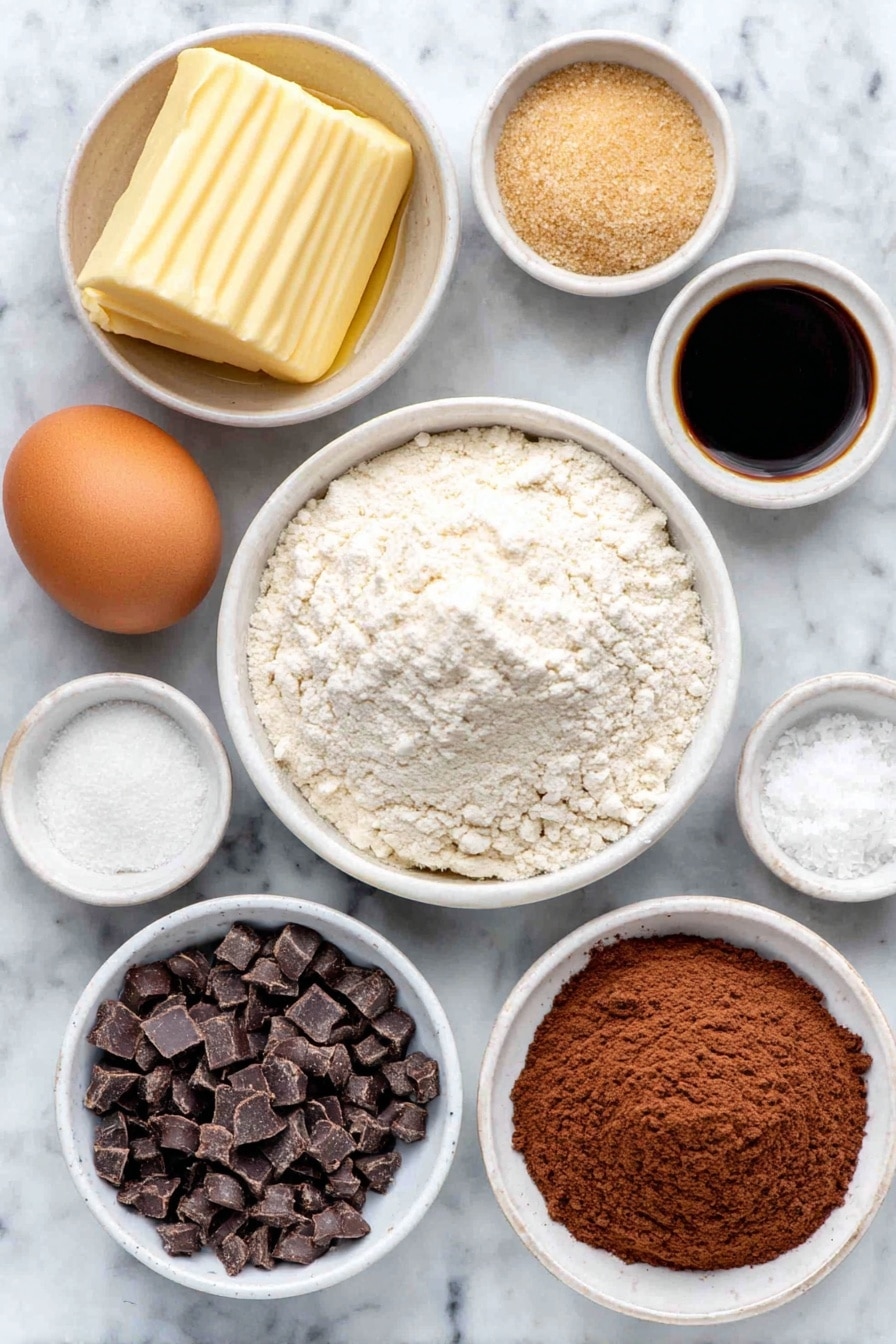 Flat lay of melted unsalted butter in a small white ceramic bowl, light brown packed sugar in a simple white ceramic bowl, granulated sugar in another white ceramic bowl, one large whole brown egg with clean shell, one large whole egg yolk represented by a simple white ceramic bowl with a single yolk, a small white bowl with vanilla extract, a small white bowl with peppermint extract, a small white bowl containing dark instant espresso mixed with warm water, a mound of all-purpose flour on a white ceramic plate, a small white bowl filled with cocoa powder, kosher salt in a small white bowl, baking soda in a small white bowl, semi-sweet chocolate chips loose on a white ceramic plate, peppermint crunch baking chips scattered neatly on a white ceramic plate placed on a clean white marble surface, soft natural light, photo taken with an iPhone, professional food photography style, fresh ingredients, white ceramic bowls, no bottles, no duplicates, no utensils, no packaging --ar 2:3 --v 7 --p m7354615311229779997 - Peppermint Mocha Cookies, Peppermint Mocha Cookies Recipe, holiday cookies with peppermint and chocolate, chewy peppermint cookies, easy mocha cookies