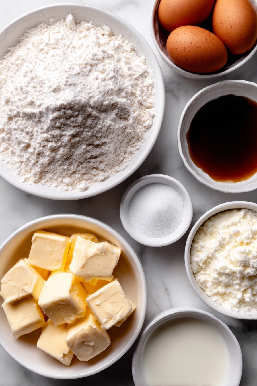 Flat lay of a small mound of all-purpose flour, a white ceramic bowl with baking powder and salt, a few cubes of soft salted butter, a white ceramic bowl filled with granulated sugar, two brown whole eggs with clean shells, a small white bowl containing vanilla extract, a small white bowl with almond extract, a white ceramic bowl holding sifted powdered sugar, another small white bowl with milk, a small white bowl of light corn syrup, placed on a clean white marble surface, soft natural light, photo taken with an iPhone, professional food photography style, fresh ingredients, white ceramic bowls, no bottles, no duplicates, no utensils, no packaging --ar 2:3 --v 7 --p m7354615311229779997 - Soft Cutout Sugar Cookies, cutout sugar cookie recipe, tender sugar cookies, decorated cookie recipe, holiday sugar cookies