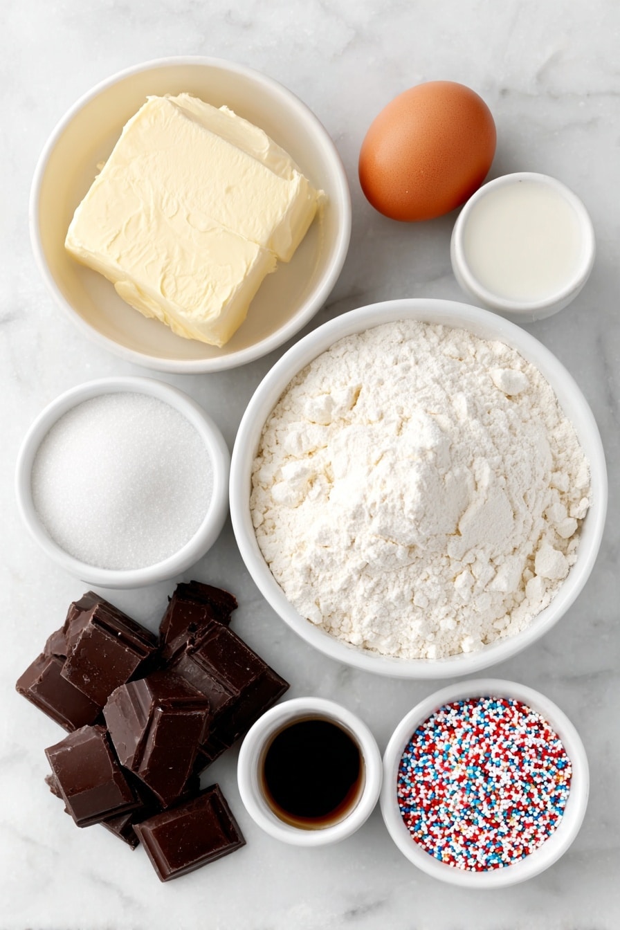 Flat lay of a small mound of unsalted butter, a small white ceramic bowl filled with granulated sugar, one large whole egg with a clean shell, a small white ceramic bowl of vanilla extract, a small white ceramic bowl of all-purpose flour, a small white ceramic bowl of coarse salt, a small white ceramic bowl of milk, a small white ceramic bowl holding semi-sweet chocolate chunks, and a small white ceramic bowl filled with multicolored sprinkles, all arranged with perfect symmetry placed on a clean white marble surface, soft natural light, photo taken with an iPhone, professional food photography style, fresh ingredients, white ceramic bowls, no bottles, no duplicates, no utensils, no packaging --ar 2:3 --v 7 --p m7354615311229779997 - Danish Butter Cookies with Chocolate, Danish Butter Cookies, Chocolate-Dipped Danish Cookies, Easy Danish Cookies, Butter Cookies with Chocolate Dip