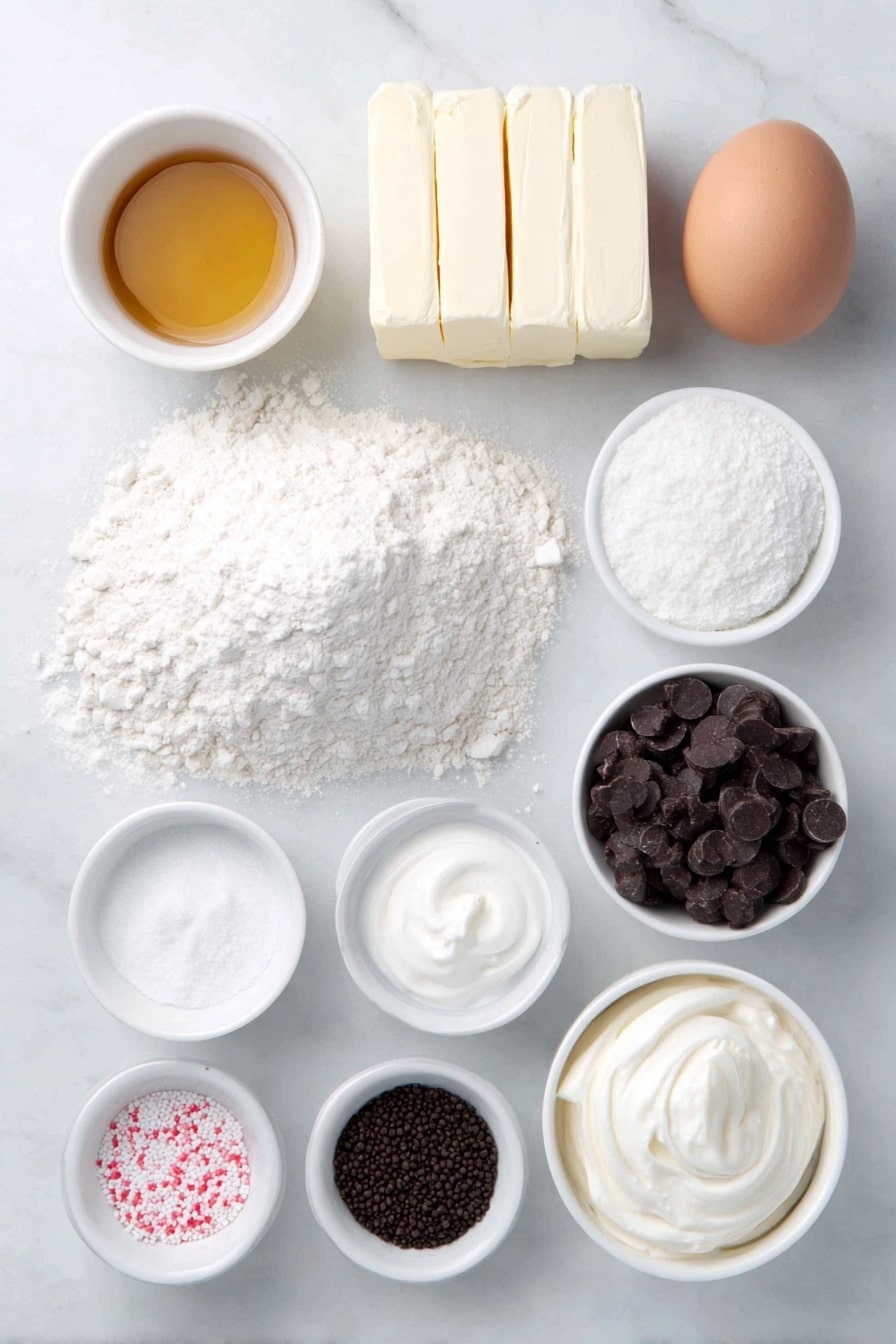 Flat lay of a small pile of unsalted butter sticks with a soft creamy texture, a block of full fat cream cheese with smooth surface, a small mound of granulated white sugar, a single large brown egg with a clean shell, a small white bowl of golden vanilla extract, a neat heap of all-purpose white flour, a small white bowl containing pure white cornstarch, a tiny white bowl of fine baking powder, a pinch of fine salt in a small white bowl, a small white bowl filled with fine white powdered sugar, a small white bowl holding heavy whipping cream with a slight silky sheen, a small white bowl of coarse white sanding sugar, a few large dark chocolate chips with a glossy finish, some tiny round black sprinkles, and a few tiny round pink and red sprinkles — all arranged symmetrically and spaced evenly on a clean white marble surface, soft natural light, photo taken with an iPhone, professional food photography style, fresh ingredients, white ceramic bowls, no bottles, no duplicates, no utensils, no packaging --ar 2:3 --v 7 --p m7354615311229779997 - Cream Cheese Polar Bear Cookies, adorable Christmas cookie ideas, soft sugar cookies with cream cheese, holiday animal cookies, easy festive cookie recipes