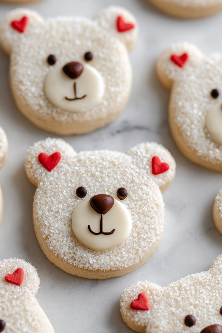 The image shows a close-up of several bear-shaped sugar cookies on a white marbled surface with white parchment paper underneath. Each cookie has two small round ears and a round head, all covered in white sanding sugar giving a glistening texture. On the ears, there are tiny red heart shapes. The bear's face is decorated with a smooth cream-colored icing snout positioned on the lower center of the face. On the snout, a dark brown nose is placed in the middle top, with two small black circular eyes above and a small curved black line for the mouth below the nose. The overall look is cute and simple, with soft pastel and neutral tones. photo taken with an iphone --ar 2:3 --v 7 - Cream Cheese Polar Bear Cookies, adorable Christmas cookie ideas, soft sugar cookies with cream cheese, holiday animal cookies, easy festive cookie recipes