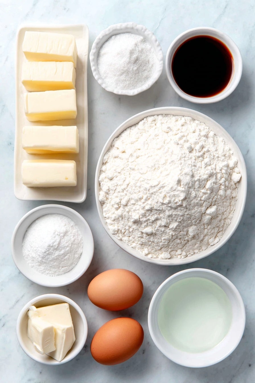 Christmas Lights Sugar Cookies Recipe 7 Flat lay of a large mound of all purpose flour, two teaspoons of baking powder in a small white bowl, two teaspoons of salt in a small white bowl, four sticks of unsalted butter with a smooth creamy texture, a white ceramic bowl filled with granulated sugar, two whole brown eggs with clean shells, a small white bowl containing pure vanilla extract, a large white bowl heaped with powdered sugar, a small white bowl with meringue powder, a small white bowl of clear water placed neatly in symmetry, several small white bowls each containing different colors of gel food coloring, all ingredients arranged in perfect balance and symmetry on a clean white marble surface, soft natural light, photo taken with an iPhone, professional food photography style, fresh ingredients, white ceramic bowls, no bottles, no duplicates, no utensils, no packaging --ar 2:3 --v 7 --p m7354615311229779997 - Christmas Lights Sugar Cookies, Christmas Lights sugar cookies recipe, festive holiday sugar cookies, Christmas cookies with royal icing, holiday baking ideas