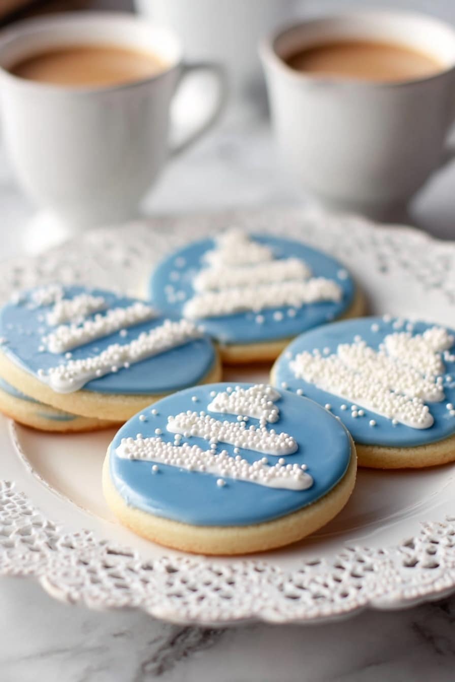 Christmas Shortbread Cookies with Blue Glaze Recipe 8 Five round cookies sit on a white plate with lace-like edges on a white marbled surface. Each cookie has two layers: a smooth, shiny blue icing base and a white icing decoration on top. Three cookies have a zigzag white icing line in the middle, resembling a simple Christmas tree with small white round sprinkles scattered over the blue icing. The other two cookies have a white icing strip covered with white sprinkles near the edge. In the blurry background, there are two white cups filled with light brown coffee. Photo taken with an iphone --ar 2:3 --v 7 - Christmas Shortbread Cookies with Blue Glaze, festive shortbread cookies, holiday cookies with blue glaze, Christmas baking ideas, minty blue glaze cookies