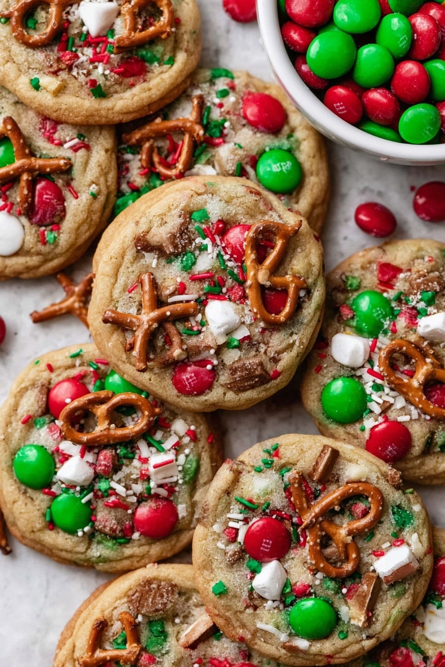 Christmas Cookies with M&Ms and White Chocolate Recipe 6 A pile of cookies is shown stacked closely on a white marbled surface, each cookie has a light brown base with a soft texture. The cookies have bright red and green candy pieces evenly spread on top, along with white chips giving slight cream color spots. There are also small broken pretzels with a shiny light brown color scattered across the cookies. Red, green, and white sprinkles add an extra festive touch, spread across the top of the cookies. Some whole pretzels lie next to the cookies, adding texture contrast with their smooth, twisted shape. photo taken with an iphone --ar 2:3 --v 7 - Christmas Cookies with M&Ms and White Chocolate, festive holiday cookies, easy Christmas cookie recipe, colorful M&M cookie recipe, white chocolate holiday treats