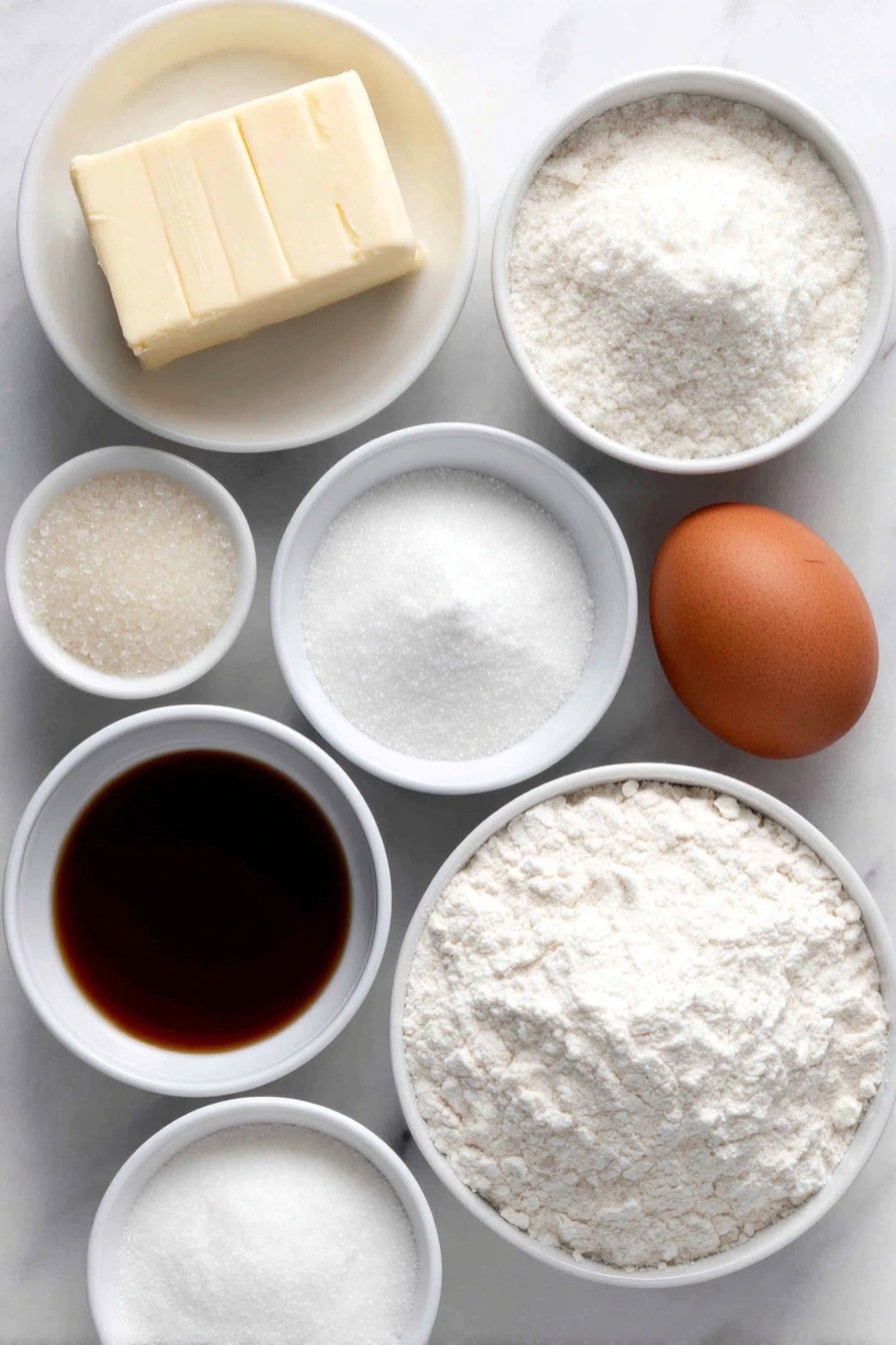 Flat lay of a small block of unsalted butter, a small mound of granulated sugar, a whole large egg with a clean shell, a small white ceramic bowl of vanilla extract, a small white ceramic bowl of all-purpose flour, a pinch of baking powder in a small white ceramic bowl, a pinch of table salt in a small white ceramic bowl, a small white ceramic bowl of sifted powdered sugar, a small white ceramic bowl of whole milk, a small white ceramic bowl of light corn syrup, all ingredients arranged in perfect symmetry on a clean white marble surface, soft natural light, photo taken with an iPhone, professional food photography style, fresh ingredients, white ceramic bowls, no bottles, no duplicates, no utensils, no packaging --ar 2:3 --v 7 --p m7354615311229779997 - Easy Sugar Cookies with Frosting, soft sugar cookies, simple cookie frostings, buttery sugar cookies, festive cookie decorating