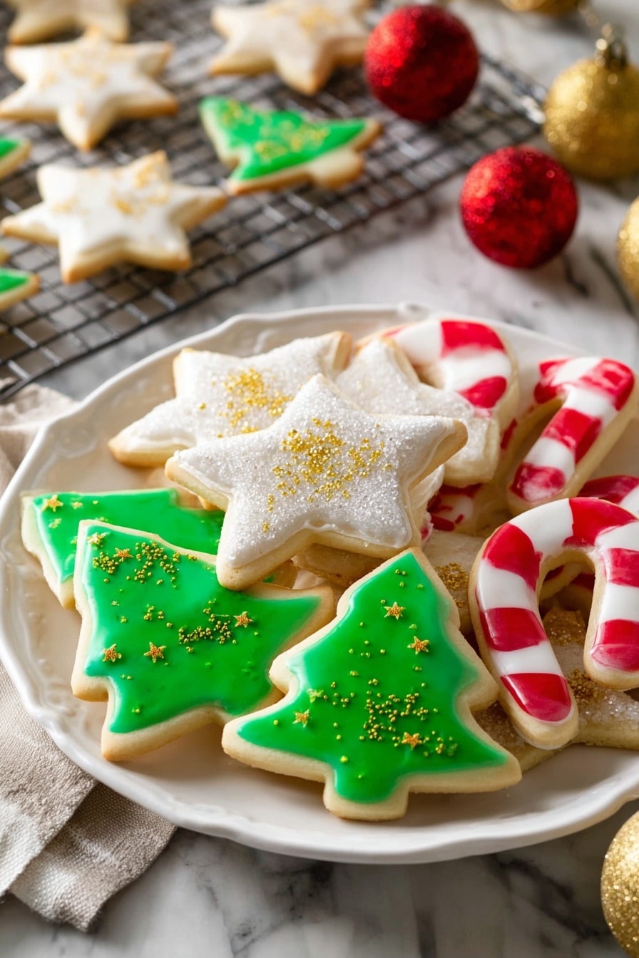 A white plate on a white marbled surface holds a mix of colorful Christmas cookies arranged in layers. At the front, there are bright green Christmas tree shaped cookies with shiny green icing, topped with tiny yellow star sprinkles. Behind them, there are white star-shaped cookies coated with white icing and sparkling sugar crystals, some decorated with gold sugar sprinkles. On the right side are candy cane shaped cookies with bold, alternating stripes of red and white icing. In the background, there is a wire rack with more star and Christmas tree cookies, along with some festive round ornaments in gold and red. Photo taken with an iphone --ar 2:3 --v 7 - Easy Sugar Cookies with Frosting, soft sugar cookies, simple cookie frostings, buttery sugar cookies, festive cookie decorating