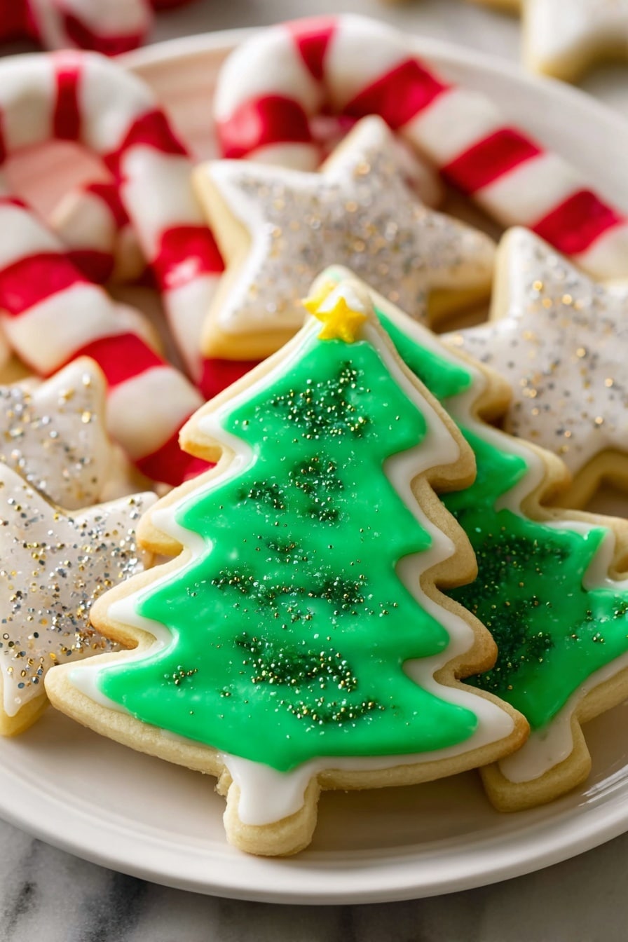 A close-up view of a white plate holding four green Christmas tree-shaped cookies stacked slightly on top of each other, each cookie with bright green icing covering the top and two small yellow star sprinkles at the top edge; the icing is smooth with scattered shiny green sugar crystals. Behind the trees, there are three red and white striped candy cane-shaped cookies with smooth icing alternating stripes, and around them, several white star-shaped cookies with smooth white icing and sprinkled with coarse sugar crystals of silver and gold, all arranged on a white marbled surface photo taken with an iphone --ar 2:3 --v 7 - Easy Sugar Cookies with Frosting, soft sugar cookies, simple cookie frostings, buttery sugar cookies, festive cookie decorating