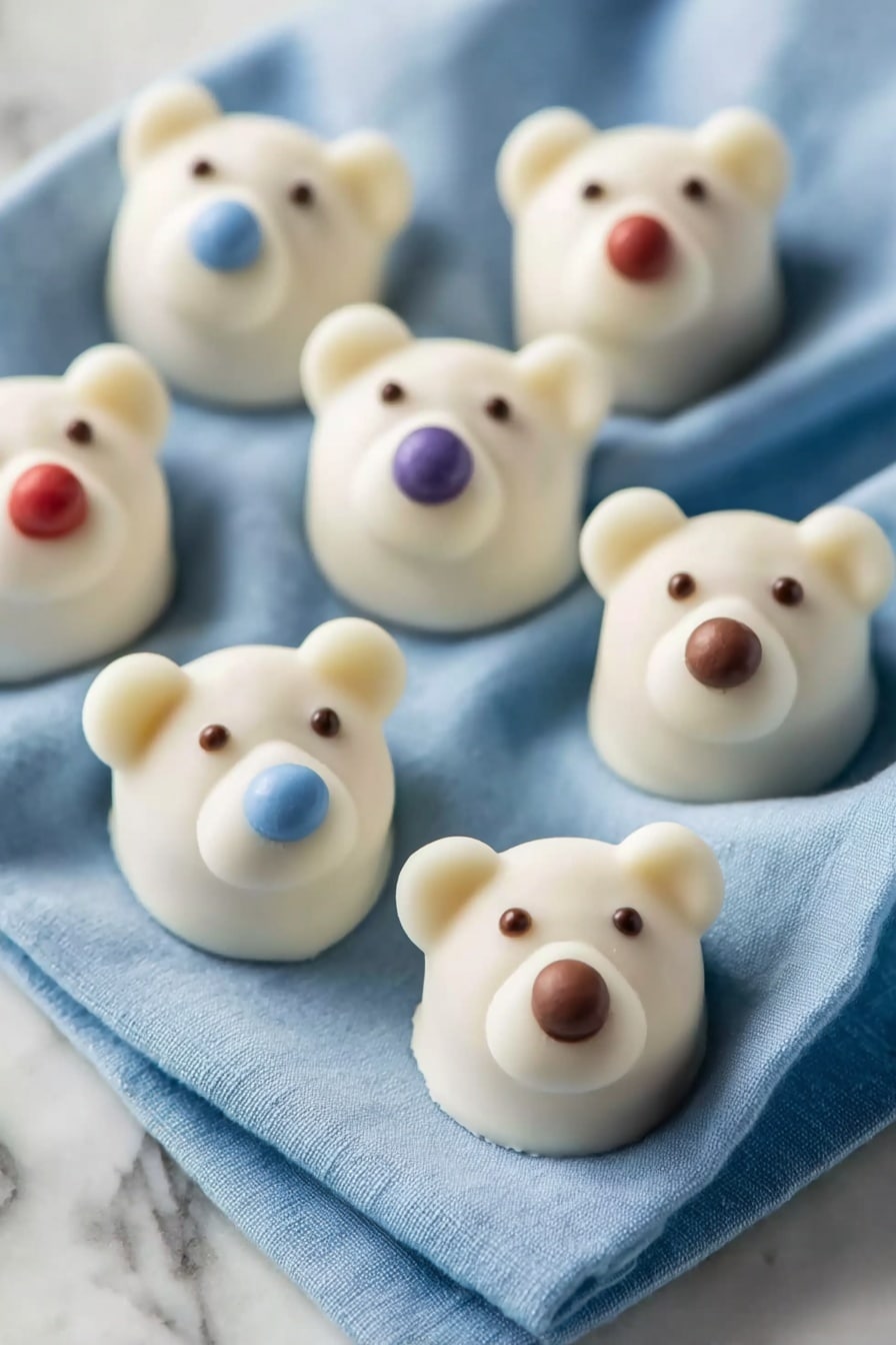 Polar Bear Cookies Recipe 6 The image shows several small bear-shaped treats arranged on a soft blue cloth with gentle folds, placed on a white marbled surface. Each bear has a white smooth base with round ears, and a small snout layer in front. They have different colored round noses made of candy or icing in blue, red, purple, and brown. Each bear has two small dark eyes above the snout, creating a cute and friendly look. The bears are spaced evenly and look soft and smooth, giving a playful, sweet feeling. photo taken with an iphone --ar 2:3 --v 7 - Polar Bear Cookies, cute holiday cookies, easy cookie recipe, kid-friendly baking ideas, festive cookie treats