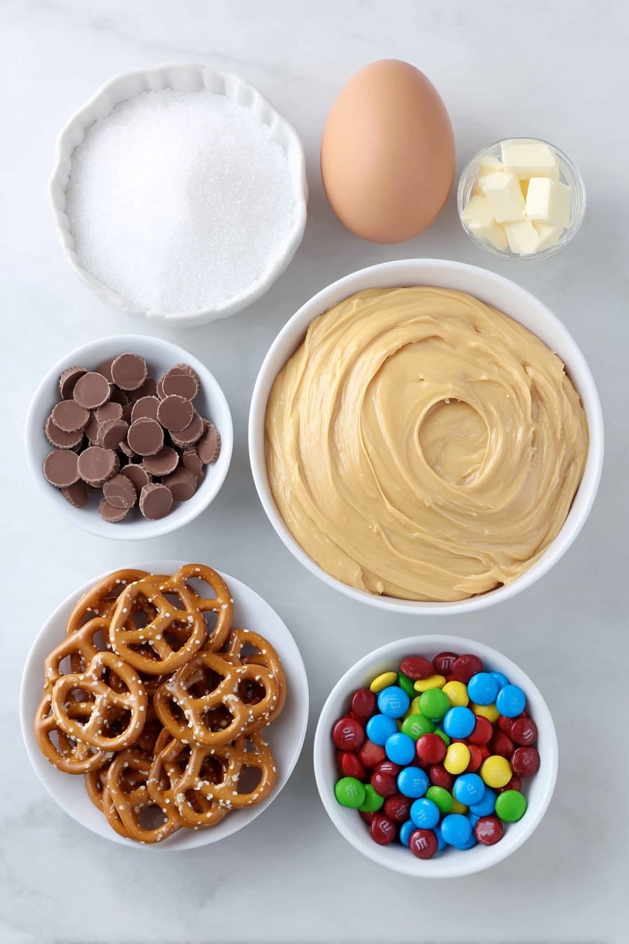 Peanut Butter Reindeer Cookies Recipe 7 Flat lay of smooth creamy peanut butter scooped in a small white ceramic bowl, white granulated sugar in a small white ceramic bowl, a single whole brown egg with clean shell, a handful of miniature pretzel halves arranged neatly, twenty-four mini peanut butter cups placed in a simple white ceramic dish, twenty-four colorful round M&M’s scattered in a small white bowl, forty-eight small candy eyes displayed orderly in a white ceramic bowl, placed on a clean white marble surface, soft natural light, photo taken with an iPhone, professional food photography style, fresh ingredients, white ceramic bowls, no bottles, no duplicates, no utensils, no packaging --ar 2:3 --v 7 --p m7354615311229779997 - Peanut Butter Reindeer Cookies