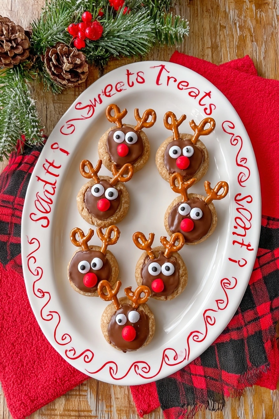 Peanut Butter Reindeer Cookies Recipe 6 Six round cookies are placed on a white oval plate decorated with red swirls and the words