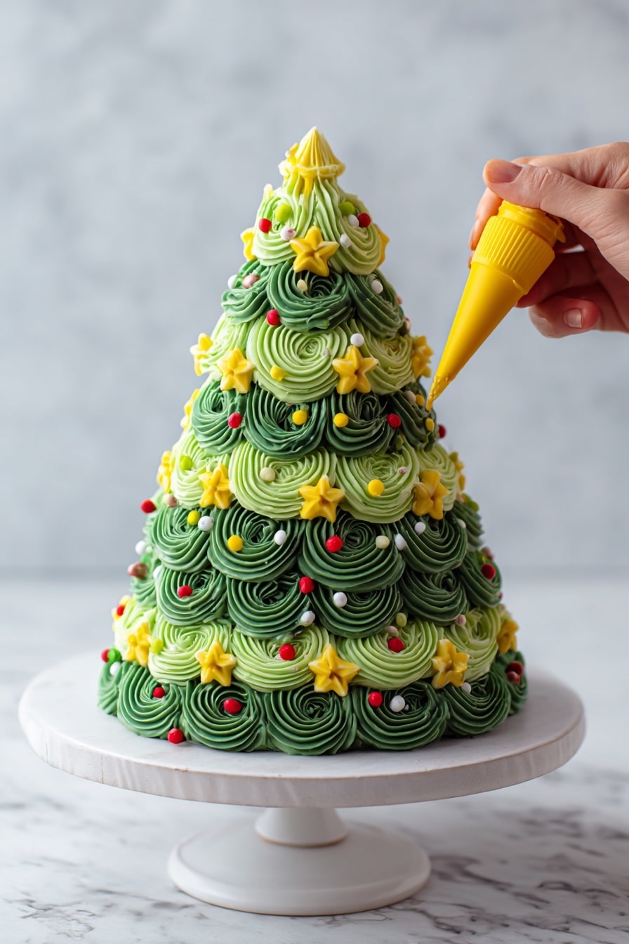 A tall cone-shaped cake decorated like a Christmas tree sits on a white cake stand with a shiny silver top, placed on a white marbled surface. The cake's frosting is thick and piped in large and small swirls in two shades of green, dark and light, covering the whole cake. Small red round dots resembling berries and tiny yellow and white star shapes are evenly scattered across the frosting. A slice of the cake is on a white ribbed plate next to it, showing three green cake layers separated by thin white frosting layers, with green frosting on the outside. Around the cake stand, there are three piping bags with red, yellow, and light green frosting inside. The background is a kitchen scene with wooden cabinets and a white marbled wall. Photo taken with an iphone --ar 2:3 --v 7 - Christmas Tree Spice Cake, festive spice cake, holiday layered cake, Christmas dessert, holiday cake decoration