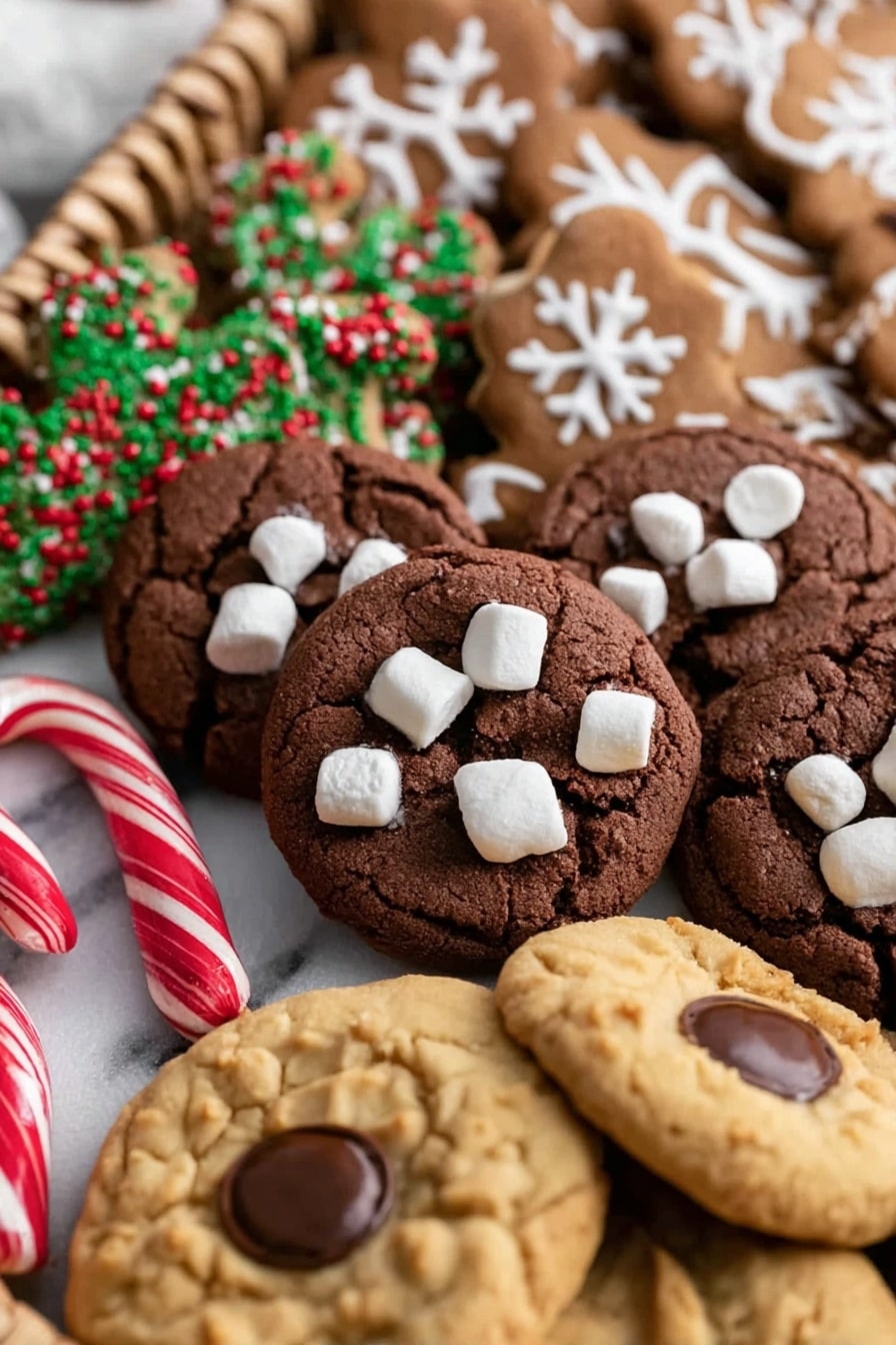 Gingerbread Snowflake Cookies Recipe 6 The image shows a close-up of many cookies arranged together. In the front center, there are round chocolate cookies with white marshmallows on top, thick and slightly cracked in texture. In front of these, there are peanut butter cookies with a smooth surface and a single large chocolate drop in the middle of each. To the back left, a red and white striped mini candy cane rests among some decorated sugar cookies with green and red sprinkles. Behind the chocolate cookies, there are large brown gingerbread cookies decorated with white icing in snowflake and branch patterns. The whole scene is on a white marbled surface with part of a woven basket visible at the top. photo taken with an iphone --ar 2:3 --v 7 - Gingerbread Snowflake Cookies, holiday cookies, Christmas cookie recipe, winter holiday treats, festive gingerbread cookies