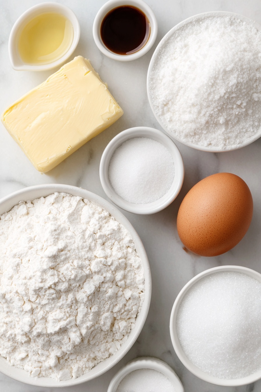 Mini Sugar Cookies Recipe 7 Flat lay of a small block of unsalted butter, a small white ceramic bowl with granulated sugar, a small white ceramic bowl with powdered sugar, a small white ceramic bowl with clear canola oil, a small white ceramic bowl with pure vanilla extract, a small white ceramic bowl with almond extract, one large whole uncracked brown egg, a small white ceramic bowl of all purpose flour, a small white ceramic bowl with baking soda powder, a small white ceramic bowl with cream of tartar powder, a small white ceramic bowl with salt, and a small white ceramic bowl with granulated sugar for rolling and sprinkling, all arranged symmetrically and naturally, placed on a clean white marble surface, soft natural light, photo taken with an iPhone, professional food photography style, fresh ingredients, white ceramic bowls, no bottles, no duplicates, no utensils, no packaging --ar 2:3 --v 7 --p m7354615311229779997 - Mini Sugar Cookies, bite-sized sugar cookies, easy sugar cookies, buttery cookie recipe, party treat cookies