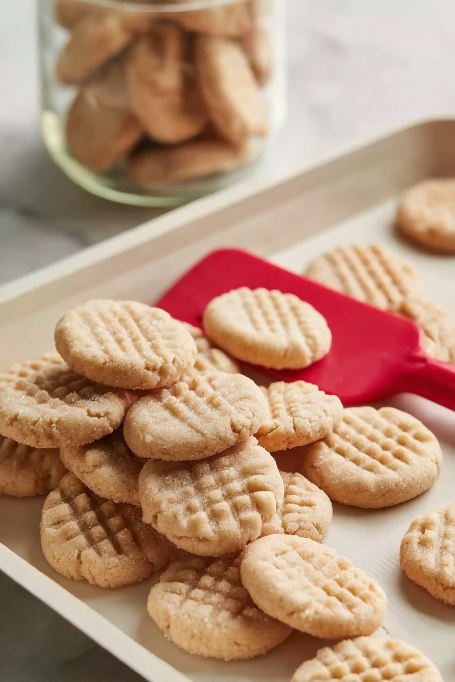 Mini Sugar Cookies Recipe 8 The image shows a group of small, round cookies with a light golden color and a slightly rough texture, each with a shallow grid pattern on top. They are stacked and scattered on a white tray with some piled on a red spatula positioned slightly to the left of the center. The tray sits on a white marbled surface, and there is a blurry glass container with more cookies in the background. photo taken with an iphone --ar 2:3 --v 7 - Mini Sugar Cookies, bite-sized sugar cookies, easy sugar cookies, buttery cookie recipe, party treat cookies