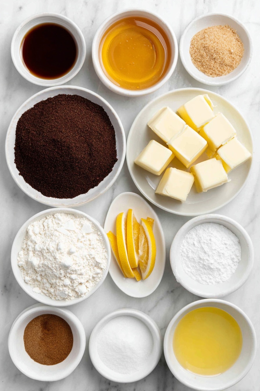 Lebkuchen Cookies with Spiced Honey Glaze Recipe 7 Flat lay of a small white ceramic bowl of golden honey, a mound of dark soft brown muscovado sugar on a white ceramic plate, several cubes of pale unsalted butter on a white dish, a few fresh orange zest strips and bright yellow lemon zest curls arranged neatly side by side, a whole large clean egg with uncracked shell, a small white bowl filled with fine white all-purpose flour, a small white bowl containing golden ground almonds, a tiny white bowl with bright lemon juice, a collection of warm brown ground spices including cinnamon, allspice, ginger, cloves, grated nutmeg, and fine sea salt each in small white ceramic bowls, a small white bowl holding fine white powdered sugar, a few thin orange peel strips laid flat, a small white bowl with clear vegetable oil, and a small white bowl containing amber vanilla extract, all placed on a clean white marble surface, soft natural light, photo taken with an iPhone, professional food photography style, fresh ingredients, white ceramic bowls, no bottles, no duplicates, no utensils, no packaging --ar 2:3 --v 7 --p m7354615311229779997 - Lebkuchen Cookies with Spiced Honey Glaze, German Spiced Cookies, Festive Holiday Cookies, Honey Glaze Cookies, Traditional German Cookies