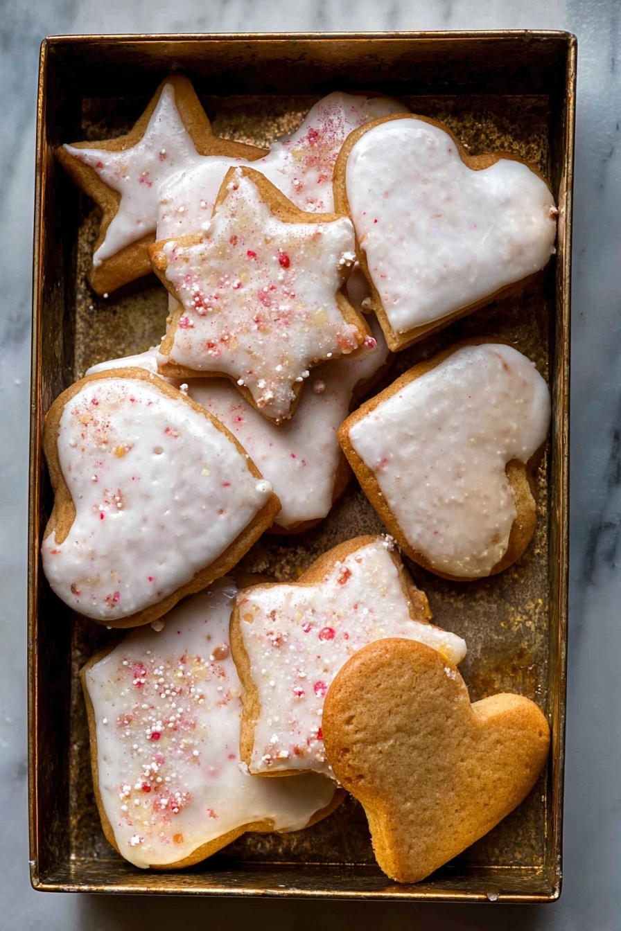 Lebkuchen Cookies with Spiced Honey Glaze Recipe 8 The image shows a baking tray lined with light gray parchment paper holding nine heart-shaped cookies. Each cookie is covered with a smooth, white icing layer that has a slightly shiny texture. Two cookies in the lower left corner have red sugar crystals sprinkled on top of the icing, adding a rough red texture. The cookies are arranged neatly with some touching each other. In the upper right corner of the tray, there is a curled orange peel, bright orange in color and textured. The entire scene rests on a white marbled surface. photo taken with an iphone --ar 2:3 --v 7 - Lebkuchen Cookies with Spiced Honey Glaze, German Spiced Cookies, Festive Holiday Cookies, Honey Glaze Cookies, Traditional German Cookies