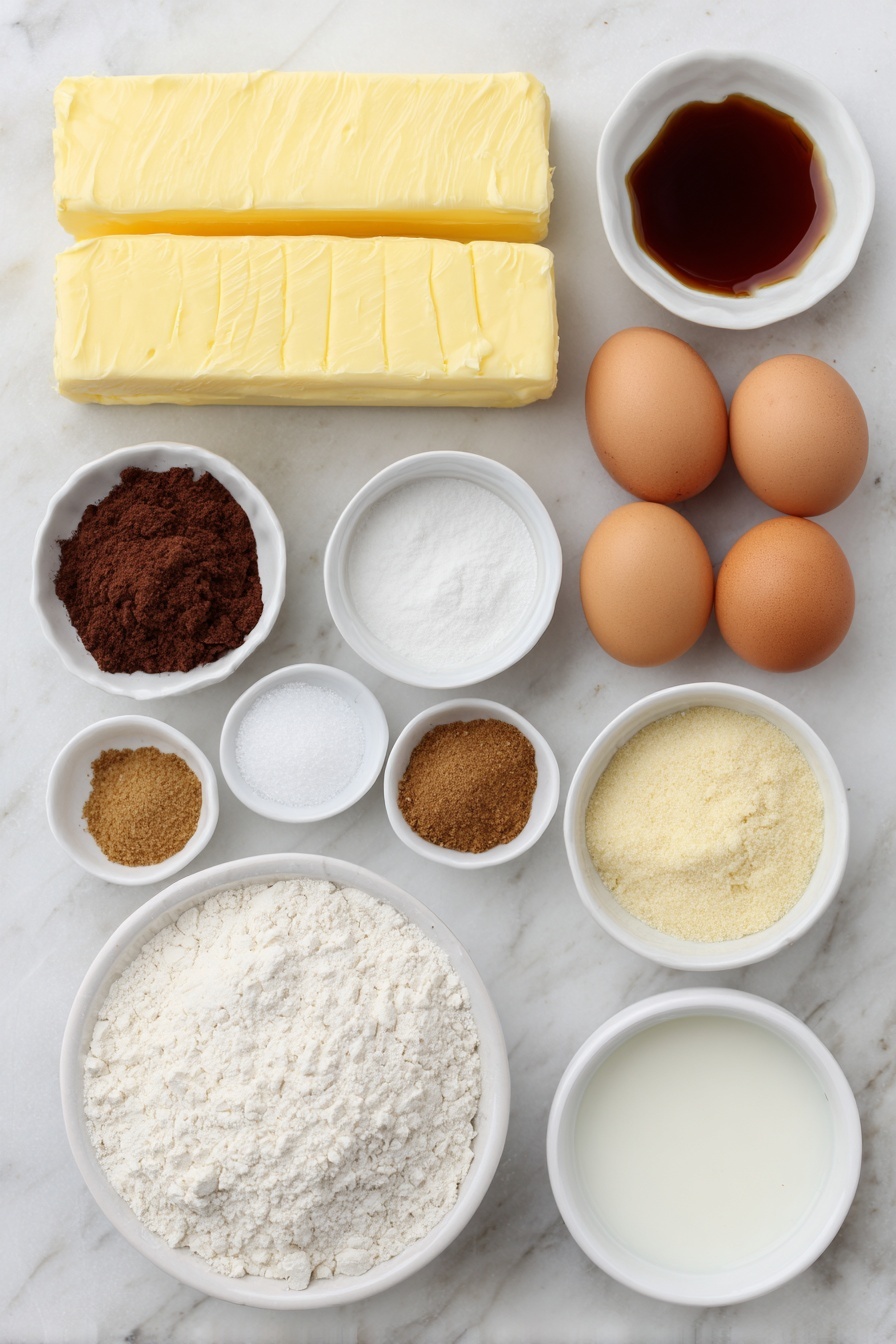 Gingerbread Cookie Recipe 7 Flat lay of two sticks of slightly softened butter, a small mound of dark brown sugar, a small white bowl filled with rich molasses, a small white bowl of vanilla extract, a white ceramic bowl heaped with all-purpose flour, a small pile of kosher salt crystals, small piles of ground ginger, ground cinnamon, ground cloves, and ground allspice each neatly arranged, three whole uncracked brown eggs, a small white bowl of powdered sugar, and a small white bowl containing warm water, all placed on a clean white marble surface, soft natural light, photo taken with an iPhone, professional food photography style, fresh ingredients, white ceramic bowls, no bottles, no duplicates, no utensils, no packaging --ar 2:3 --v 7 --p m7354615311229779997 - Gingerbread Cookies, Holiday Cookie Recipes, Festive Gingerbread Cookies, Soft Gingerbread Cookies, Christmas Cookie Ideas
