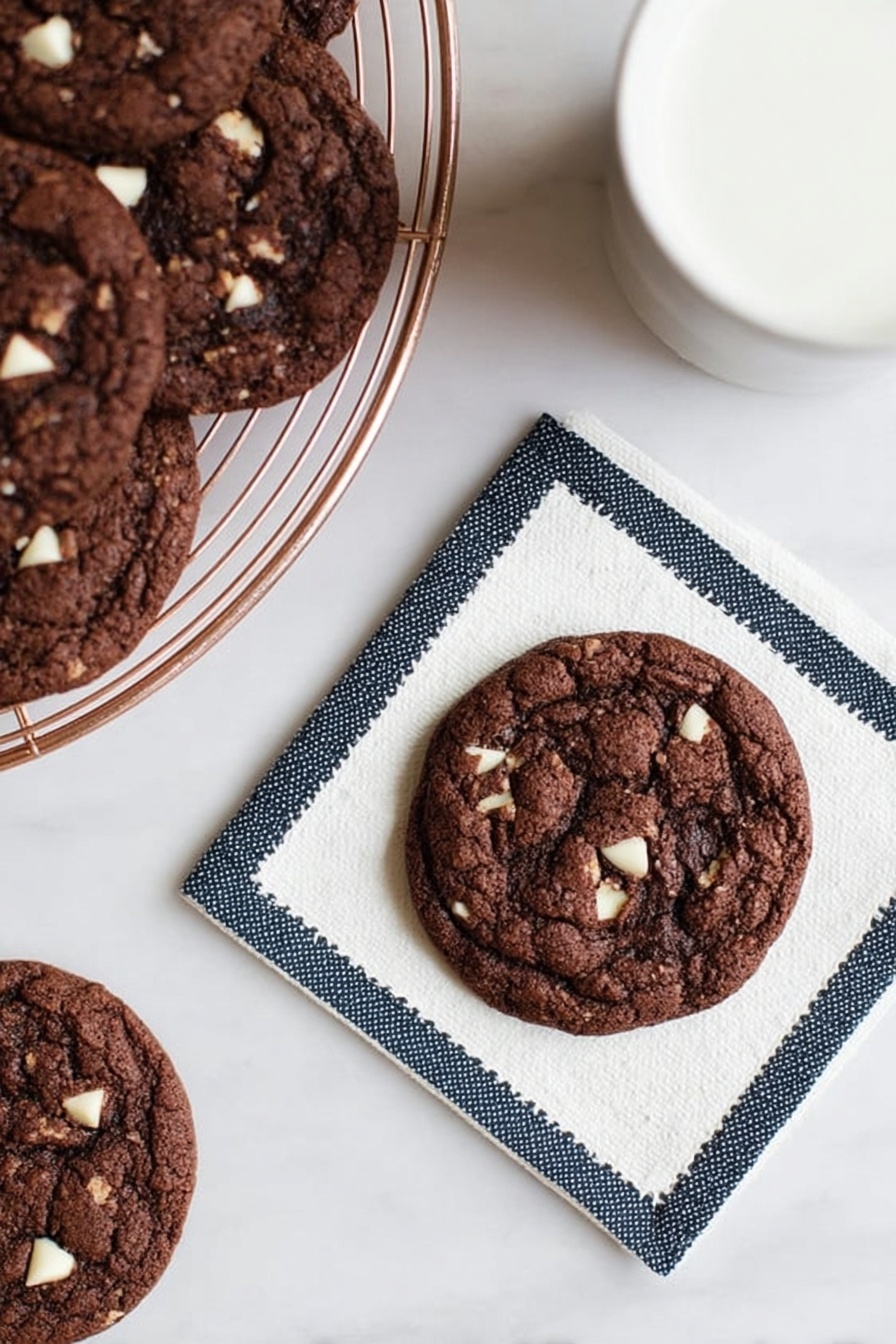 Hot Chocolate Cookies Recipe 6 A round dark brown chocolate cookie with small white chocolate pieces is placed on a white napkin with white stitching, set on a white marbled surface. Next to it, a white cup filled with milk is partially visible. On the left side, a rose gold wire cooling rack holds several more similar cookies stacked closely together, showing their cracked texture and scattered white pieces. The overall setting is clean and minimal, with soft natural light. photo taken with an iphone --ar 2:3 --v 7 - Hot Chocolate Cookies, Hot Chocolate Cookies Recipe, best hot chocolate cookies, easy hot chocolate cookie recipe, chewy hot chocolate cookies