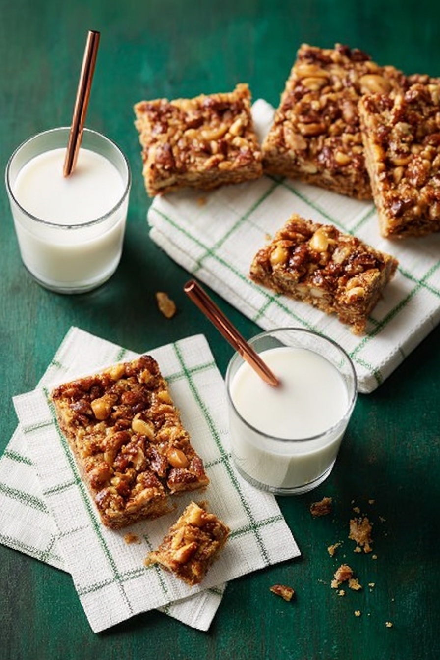Chocolate Toffee Bread Pudding Pie Recipe 6 The image shows four square nut bars with a rough textured top full of mixed nuts in brown shades, placed on white napkins with green stripes, on a dark green surface. Two bars are whole, one is laid flat showing its toasted nut topping and dense interior, while another is broken in pieces revealing a lighter golden-brown inside with nut chunks. Two clear round glasses filled with white milk each have a copper straw. Some crumbs are scattered around the bars. Photo taken with an iphone --ar 2:3 --v 7 - Chocolate Toffee Bread Pudding Pie, chocolate bread pudding dessert, toffee bread pudding recipe, easy bread pudding with toffee and chocolate, indulgent chocolate bread pudding