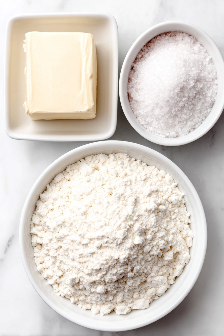 Delicious Shortbread Cookie Recipe 7 Flat lay of a small square of unsalted butter with a soft creamy texture, a small white ceramic bowl filled with granulated sugar crystals, a small white ceramic bowl of fine all-purpose flour, and a small white ceramic bowl holding powdery confectioners’ sugar, all arranged in perfect symmetry, placed on a clean white marble surface, soft natural light, photo taken with an iPhone, professional food photography style, fresh ingredients, white ceramic bowls, no bottles, no duplicates, no utensils, no packaging --ar 2:3 --v 7 --p m7354615311229779997 - Delicious Shortbread Cookies, Shortbread Cookie Recipe, Butter Shortbread Cookies, Easy Shortbread Cookies, Classic Shortbread Cookies