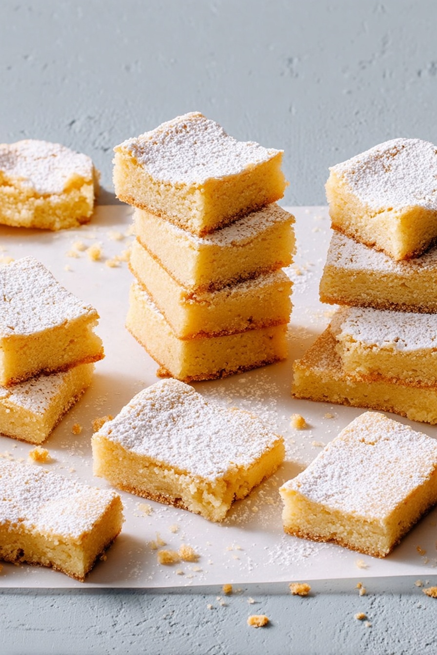 Delicious Shortbread Cookie Recipe 8 The image shows several stacks of square-shaped blondies dusted with powdered sugar on top, arranged on white parchment paper over a white marbled surface. Each blondie has a light golden-yellow color and a soft, crumbly texture with slightly raised edges. The stacks vary in height, some with four or five pieces, and there are also a few single pieces and broken blondies scattered around. The background is a plain, smooth light gray wall. Photo taken with an iphone --ar 2:3 --v 7 - Delicious Shortbread Cookies, Shortbread Cookie Recipe, Butter Shortbread Cookies, Easy Shortbread Cookies, Classic Shortbread Cookies