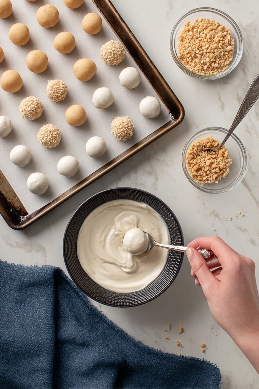 Peanut Butter Snowballs Recipe 8 The image shows small round balls on white parchment paper on two baking trays placed on a white marbled surface. The balls are arranged in rows, with one tray holding light tan balls and the other tray holding balls covered in a smooth white coating. Some of the white-coated balls are topped with crushed nuts. In the center, a black textured bowl contains a thick white creamy coating, with a woman's hand holding a spoon that lifts one ball coated in white cream from the bowl. Nearby, a small transparent bowl holds crushed nuts. A dark blue cloth is partially visible under one baking tray. photo taken with an iphone --ar 2:3 --v 7 - Peanut Butter Snowballs, easy no-bake dessert, holiday treat, quick snack, nutty candy balls