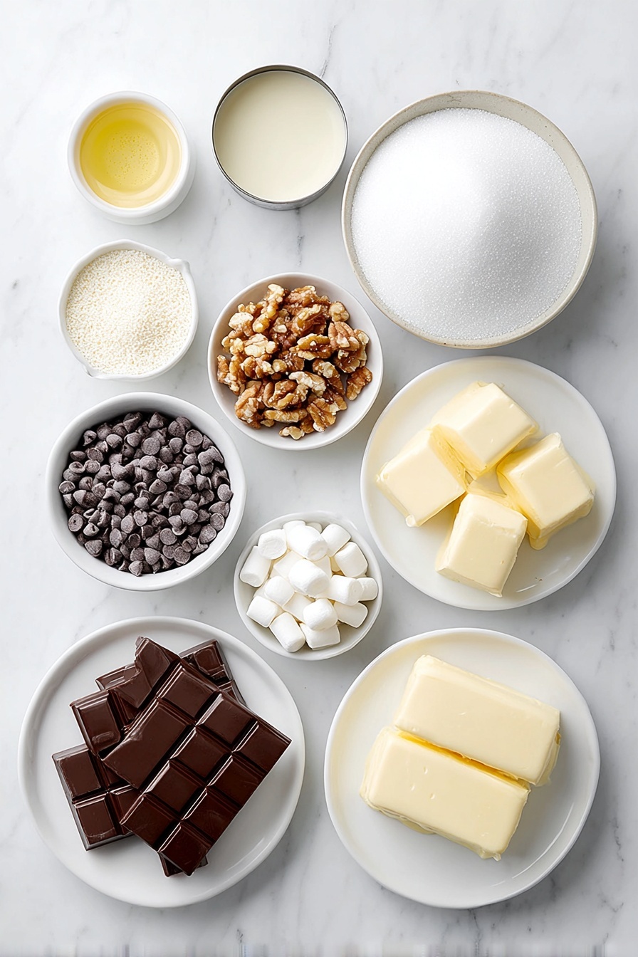 Decadent Holiday Fudge Recipe 7 Flat lay of granulated sugar in a small white ceramic bowl, a can of evaporated milk open with the milk poured into a small white bowl, a few cubes of fresh butter on a white ceramic plate, a small white bowl filled with smooth milk chocolate chips, a small white bowl of miniature white marshmallows, chopped pieces of unsweetened dark chocolate neatly arranged on a white ceramic plate, toasted chopped walnuts in a small white bowl, a small white bowl holding clear vanilla extract, melted white baking chocolate in a small white bowl, all placed in perfect symmetry on a clean white marble surface, soft natural light, photo taken with an iPhone, professional food photography style, fresh ingredients, white ceramic bowls, no bottles, no duplicates, no utensils, no packaging --ar 2:3 --v 7 --p m7354615311229779997 - Decadent Holiday Fudge, holiday fudge recipe, creamy chocolate fudge, easy festive fudge, holiday dessert ideas
