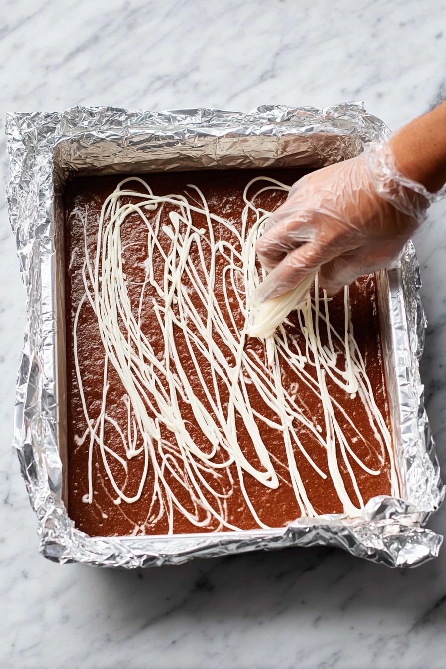 Decadent Holiday Fudge Recipe 8 A rectangular metal pan lined with shiny foil holds a thick layer of rich brown batter with a slightly rough texture. A woman's hand wearing a clear plastic glove is seen from the top right, delicately piping thin, irregular white lines of creamy frosting over the surface in a random pattern. The pan is set on a white marbled surface, helping highlight the contrast between the dark brown batter and the bright white frosting. photo taken with an iphone --ar 2:3 --v 7 - Decadent Holiday Fudge, holiday fudge recipe, creamy chocolate fudge, easy festive fudge, holiday dessert ideas