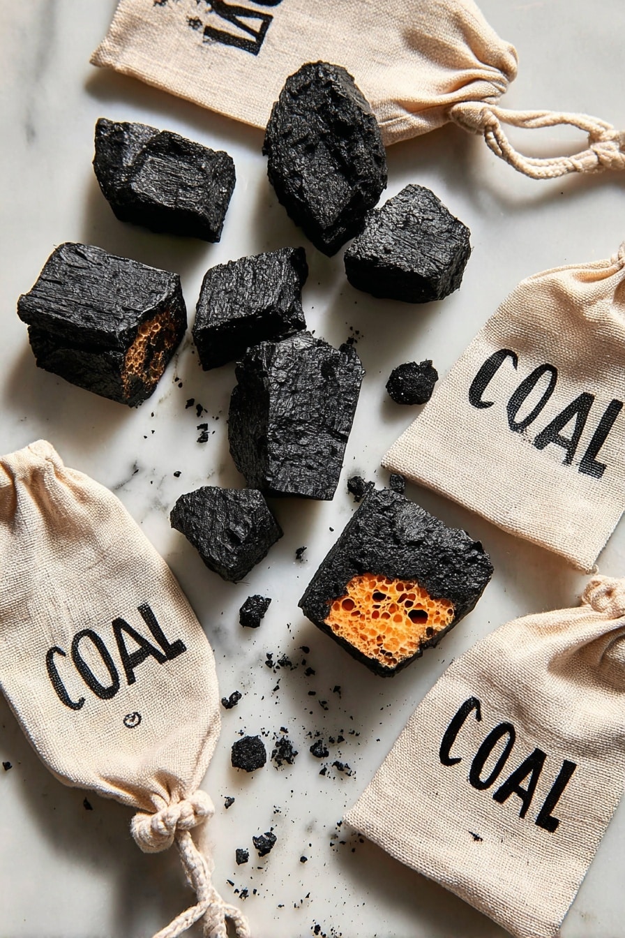 The image shows several pieces of black charcoal-like candy scattered on a white marbled surface. Most of these candies have a rough, dark black outer layer with a slightly grainy texture. Some pieces are broken open, revealing a bright orange, airy, honeycomb-like inside with small holes. There are three small off-white cloth bags with drawstrings among the candies; two bags have the word 