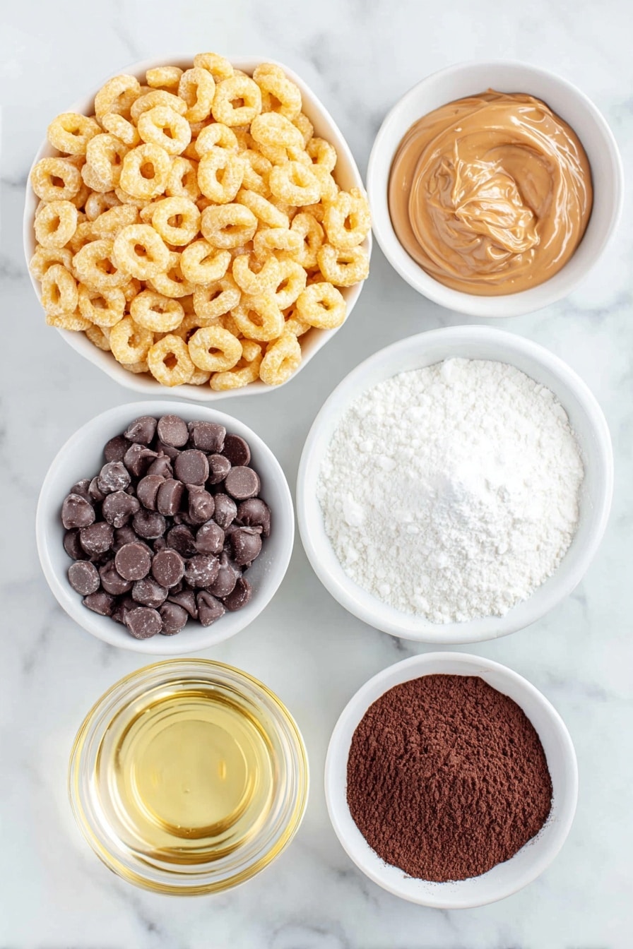 Flat lay of a small pile of golden Corn Pops cereal, a small white bowl filled with creamy light brown peanut butter, a small white bowl of glossy semi-sweet chocolate chips, a small white bowl containing clear vegetable oil, a small white bowl with amber honey, a small white bowl of rich dark brown cocoa powder, and a small white bowl of fine white powdered sugar, all arranged symmetrically on a clean white marble surface, soft natural light, photo taken with an iPhone, professional food photography style, fresh ingredients, white ceramic bowls, no bottles, no duplicates, no utensils, no packaging --ar 2:3 --v 7 --p m7354615311229779997 - Reindeer Poop Snack Mix, holiday snack mix, festive Christmas treats, easy holiday recipes, chocolate holiday snacks