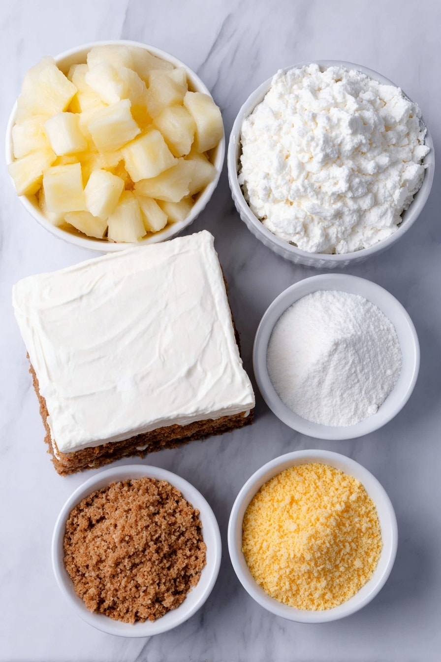 Flat lay of a small bowl of crushed pineapple drained, a block of soft cream cheese, a mound of fine desiccated coconut, a small bowl of golden graham cracker crumbs, and a small bowl of bright yellow pineapple jello powder, all arranged symmetrically on simple white ceramic bowls, placed on a clean white marble surface, soft natural light, photo taken with an iPhone, professional food photography style, fresh ingredients, white ceramic bowls, no bottles, no duplicates, no utensils, no packaging --ar 2:3 --v 7 --p m7354615311229779997 - Pineapple Coconut Christmas Balls, tropical holiday treats, no-bake Christmas desserts, festive pineapple coconut bites, holiday candy balls