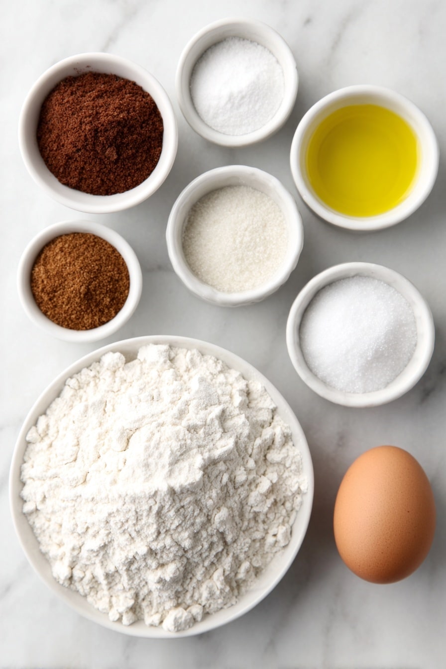 Flat lay of a small mound of all-purpose flour, a small white bowl with ground cloves, a small white bowl with ground ginger, a small white bowl with baking soda, a small white bowl with ground cinnamon, a small white bowl with salt, a small white bowl filled with vegetable oil, a small white bowl of granulated sugar, a small white bowl of rich dark molasses, one large whole uncracked brown egg placed on the white surface, arranged symmetrically on simple white ceramic dishes, placed on a clean white marble surface, soft natural light, photo taken with an iPhone, professional food photography style, fresh ingredients, white ceramic bowls, no bottles, no duplicates, no utensils, no packaging --ar 2:3 --v 7 --p m7354615311229779997 - Soft Molasses Cookies, best molasses cookies, easy molasses cookie recipe, winter cookies, spiced cookie recipe