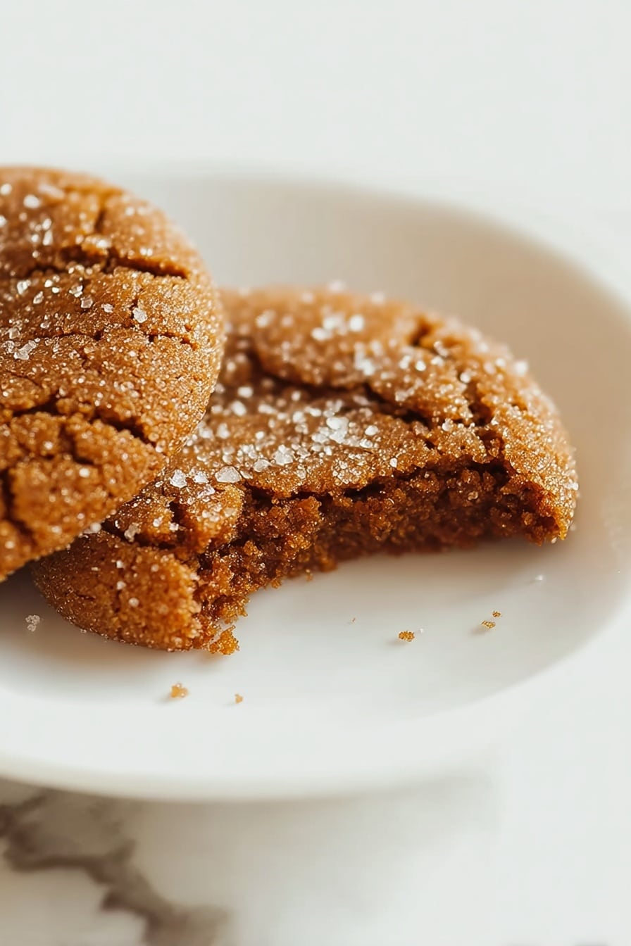 The image shows two brown cookies with a rough, crumbly texture and sugar crystals visible on the surface, placed on a white plate with part of one cookie broken into pieces to show its inside. The plate is on a white marbled surface. Photo taken with an iphone --ar 2:3 --v 7 - Soft Molasses Cookies, best molasses cookies, easy molasses cookie recipe, winter cookies, spiced cookie recipe