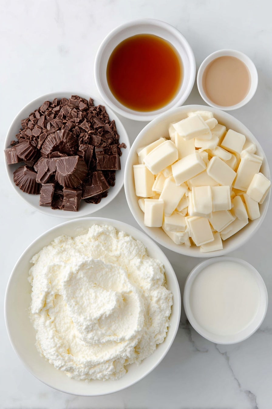Flat lay of a small white ceramic bowl filled with fresh heavy whipping cream, a neat pile of finely chopped semi-sweet chocolate bars, a larger white ceramic bowl heaped with glossy white chocolate chips, a small white ceramic bowl containing thick sweetened condensed milk, a small white ceramic bowl with pure vanilla extract, and a handful of fresh mini peanut butter cups arranged loosely in a cluster, all placed on a clean white marble surface, soft natural light, photo taken with an iPhone, professional food photography style, fresh ingredients, white ceramic bowls, no bottles, no duplicates, no utensils, no packaging --ar 2:3 --v 7 --p m7354615311229779997 - Moose Tracks Fudge with Peanuts and Swirls, Moose Tracks Fudge, Peanut Butter Cup Fudge, Easy Moose Tracks Fudge Recipe, Decadent Peanut Fudge