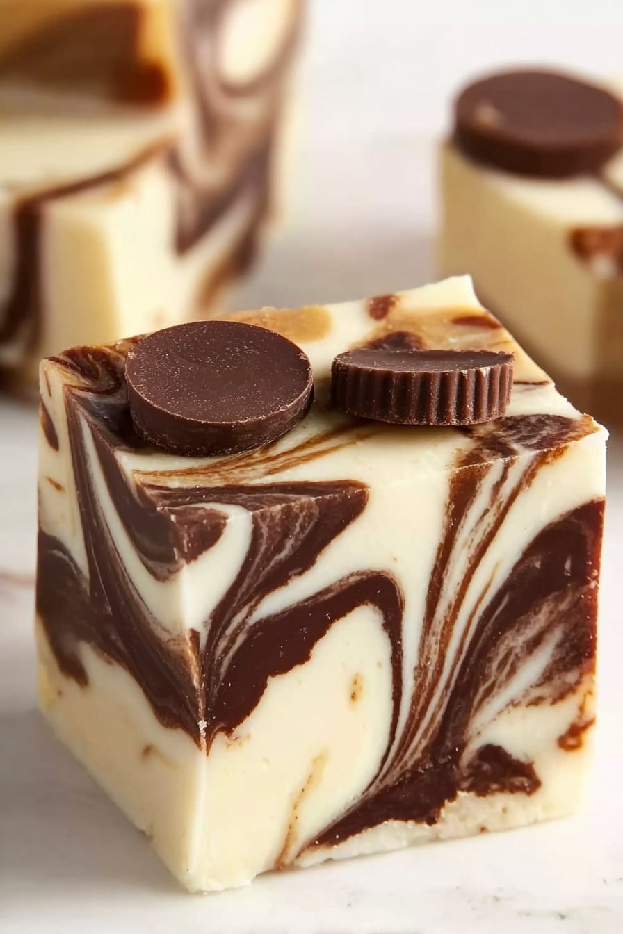 The image shows a close-up of a square piece of white and dark brown swirled fudge on a white marbled surface. The fudge has two main layers: a creamy white layer mixed with dark brown chocolate swirls in a marbled pattern, giving it a smooth and rich look. On top of the fudge, there are two small round peanut butter cup candies that add texture and color contrast with their smooth, dark chocolate shells. The edges of the fudge are clean, and the surface looks slightly shiny, showing its smooth texture. In the background, another piece of fudge with the same pattern is visible but out of focus, creating depth in the image. photo taken with an iphone --ar 2:3 --v 7 - Moose Tracks Fudge with Peanuts and Swirls, Moose Tracks Fudge, Peanut Butter Cup Fudge, Easy Moose Tracks Fudge Recipe, Decadent Peanut Fudge